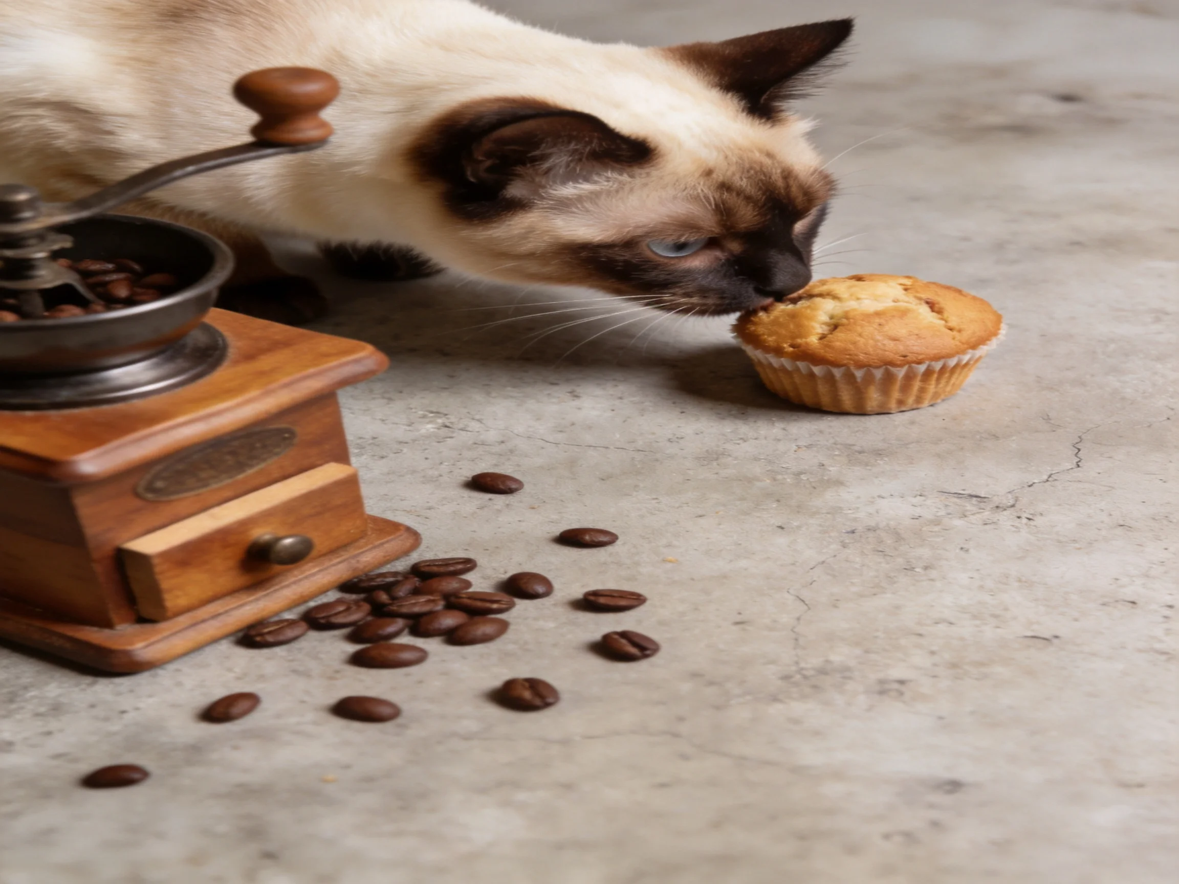 A Siamese cat sniffs a muffin near a wooden coffee grinder with scattered coffee beans