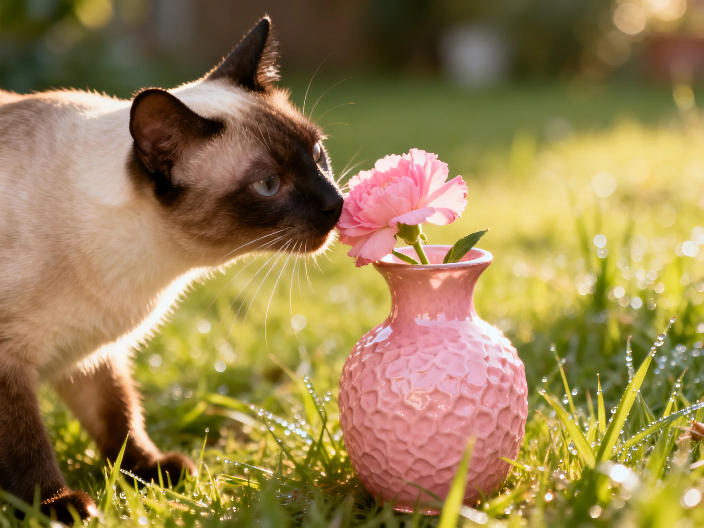 A Siamese cat sniffs a pink flower in a textured pink vase on dewy grass