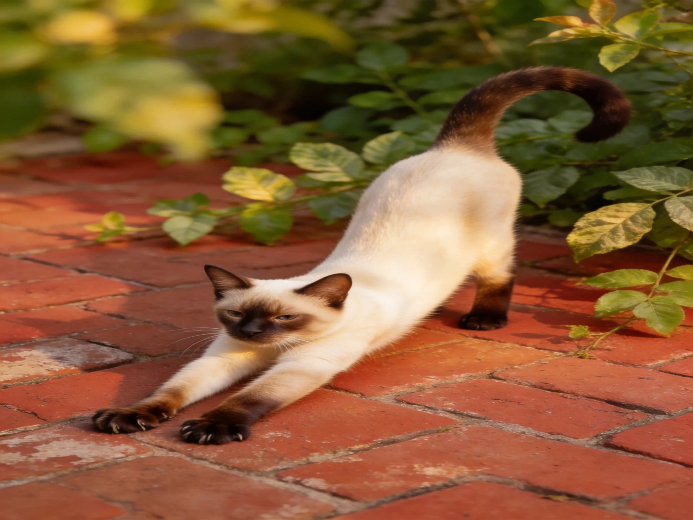 A Siamese cat stretches on a red brick patio amid green foliage