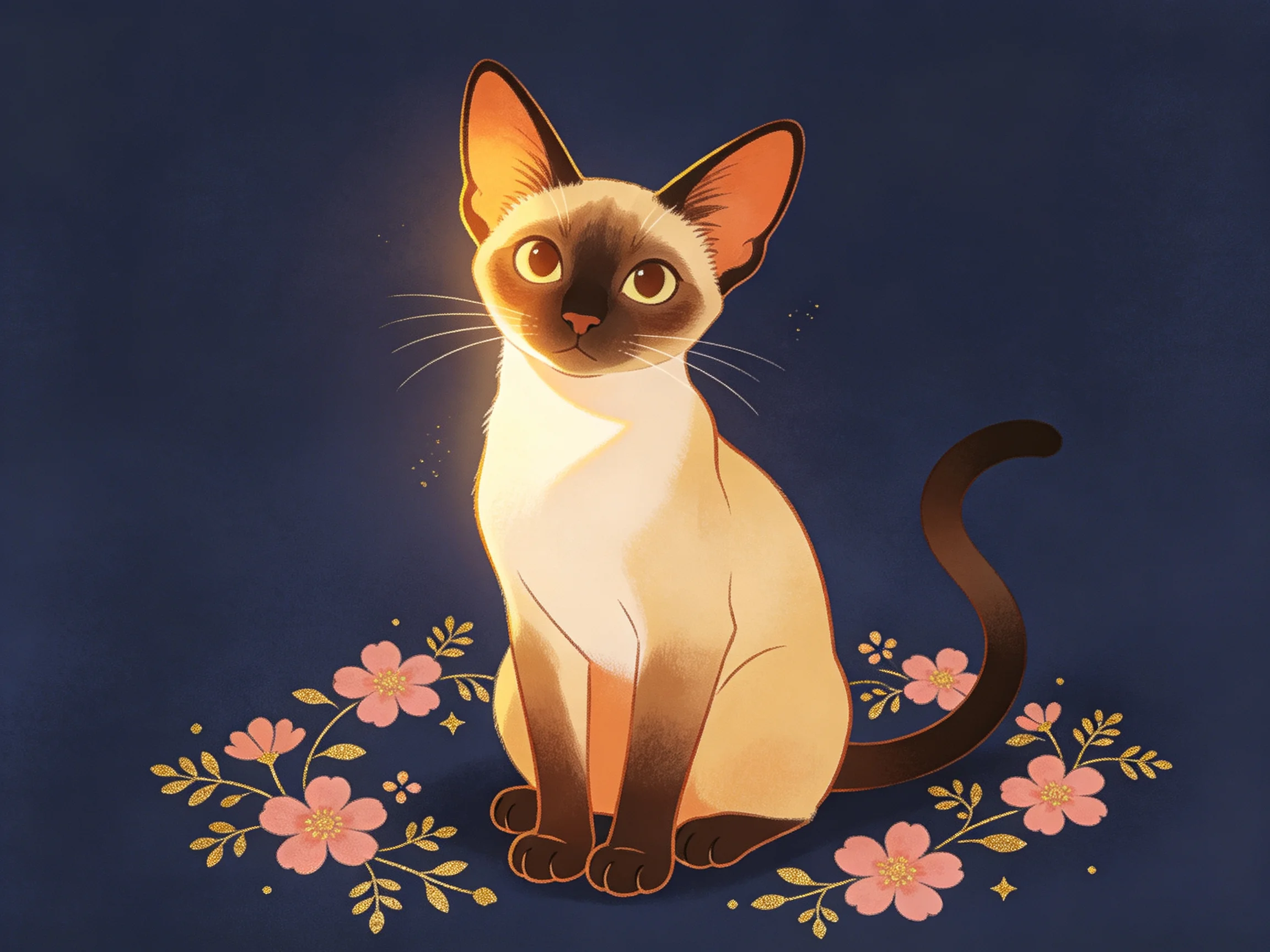 A Siamese cat sits among pink flowers against a dark blue background.