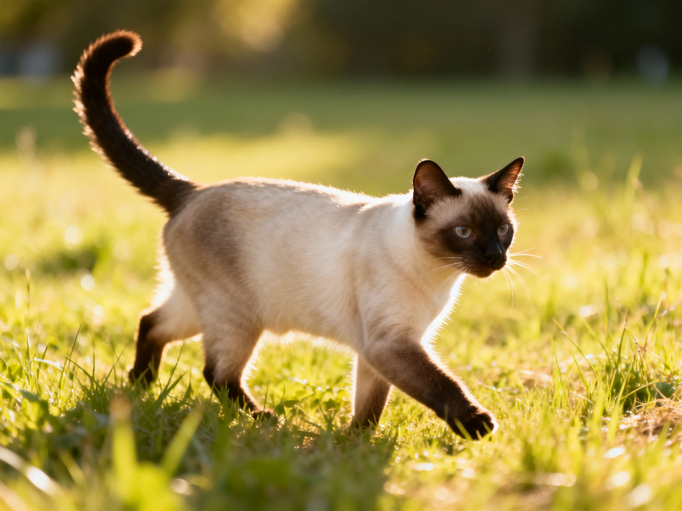 A Siamese cat moves through a sunlit grassy area.