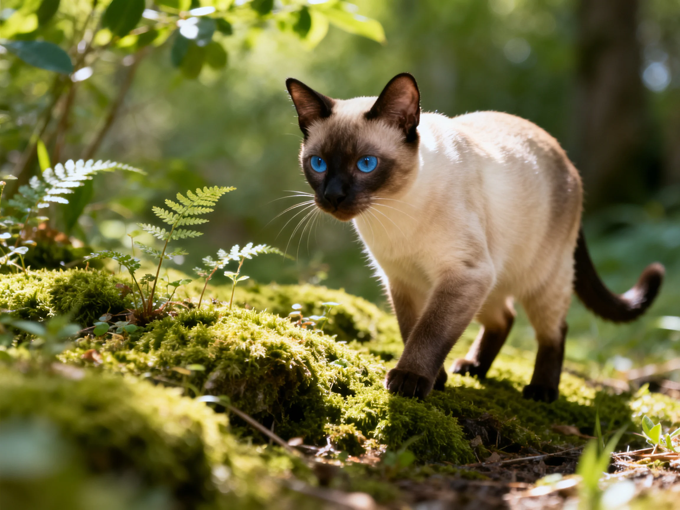 A Siamese cat with blue eyes explores a lush, moss-covered forest floor