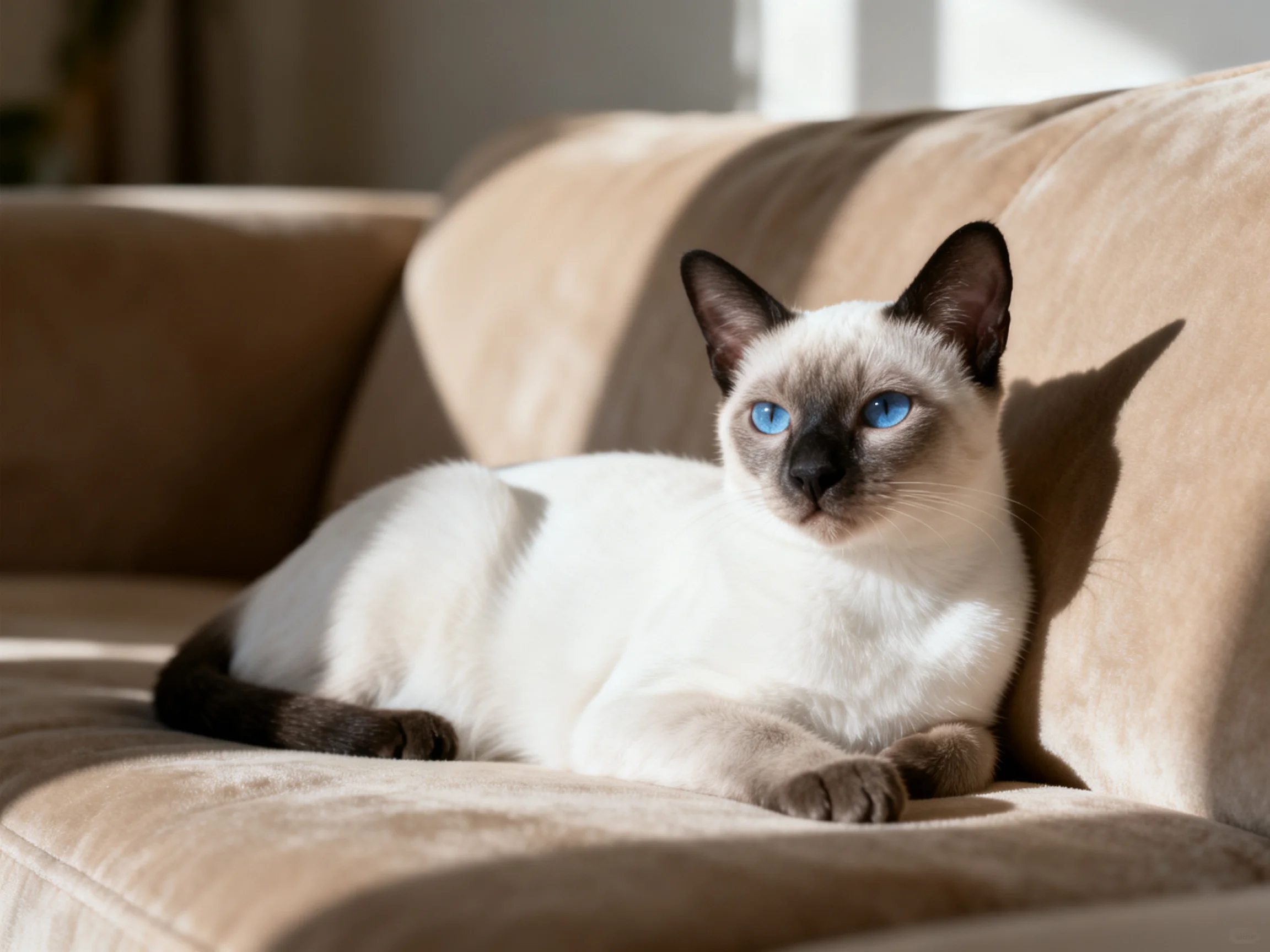 A Siamese cat with blue eyes lounges on a beige sofa in sunlight