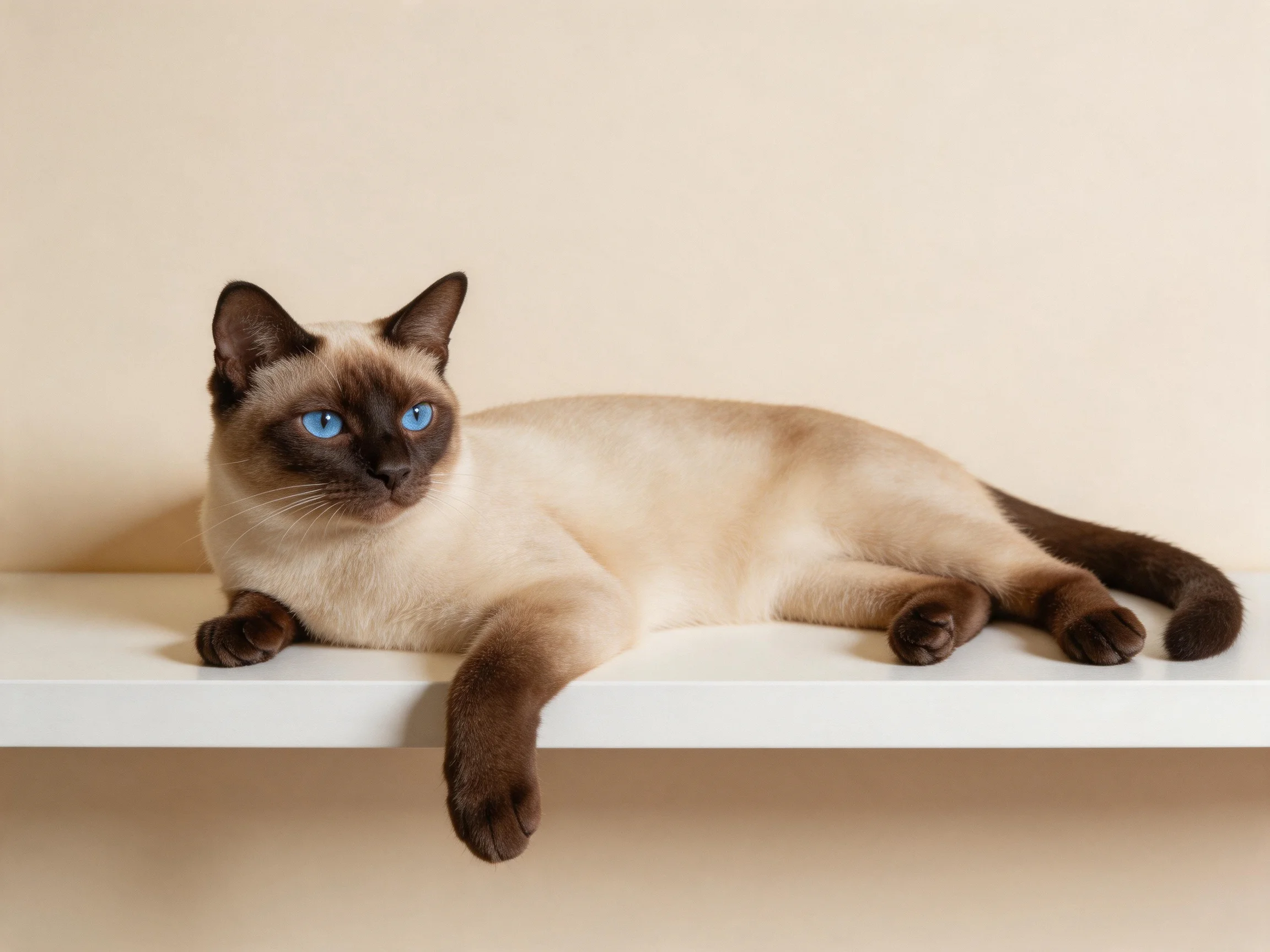 A Siamese cat with blue eyes rests on a white shelf.