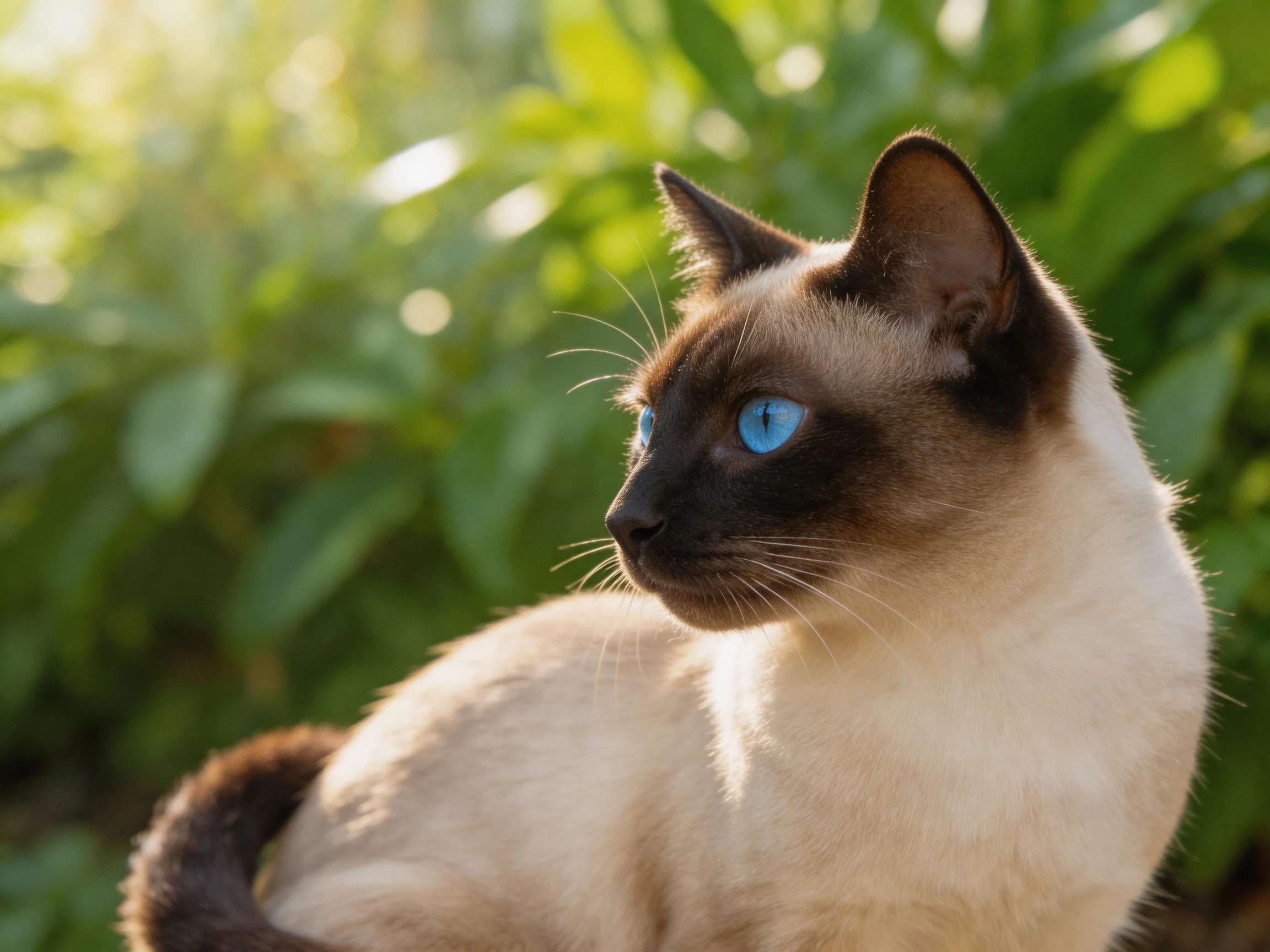 A Siamese cat with blue eyes is near greenery in a sunlit area.