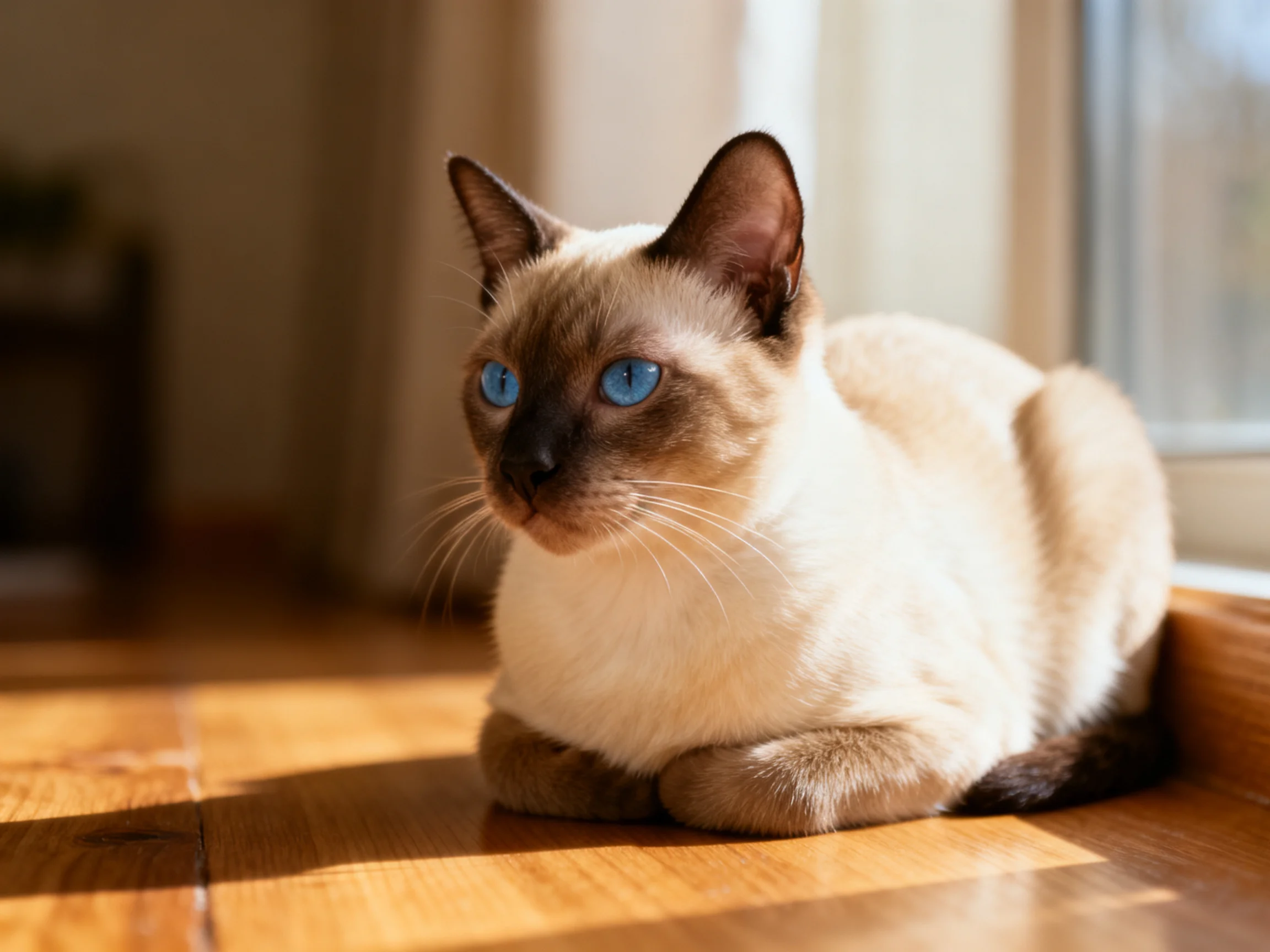 A Siamese cat with blue eyes relaxes on a sunlit wooden floor near a window.