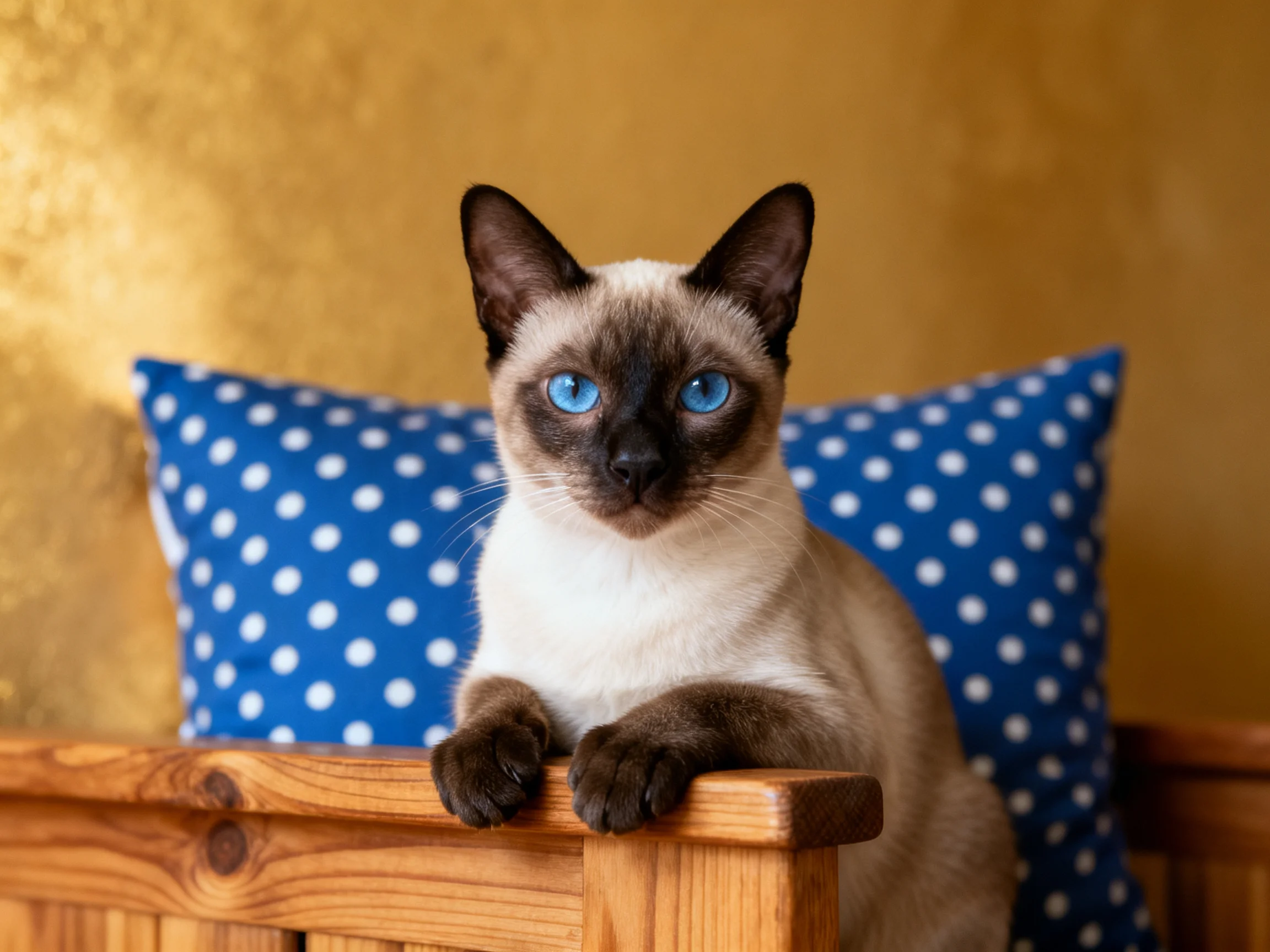 A Siamese cat with blue eyes rests beside a blue polka-dot pillow on a wooden structure.