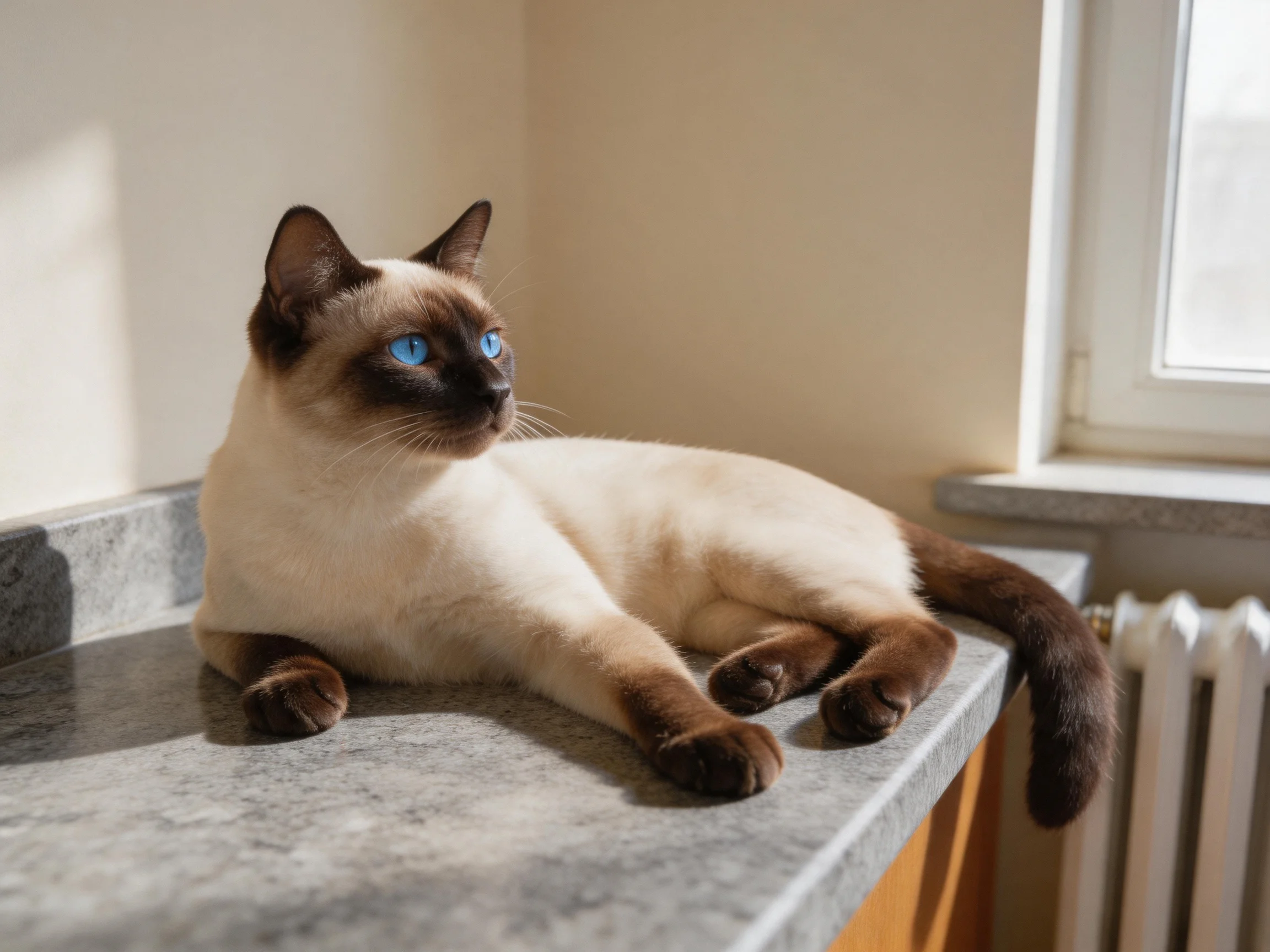 A Siamese cat with blue eyes relaxes on a countertop beside a sunlit window.