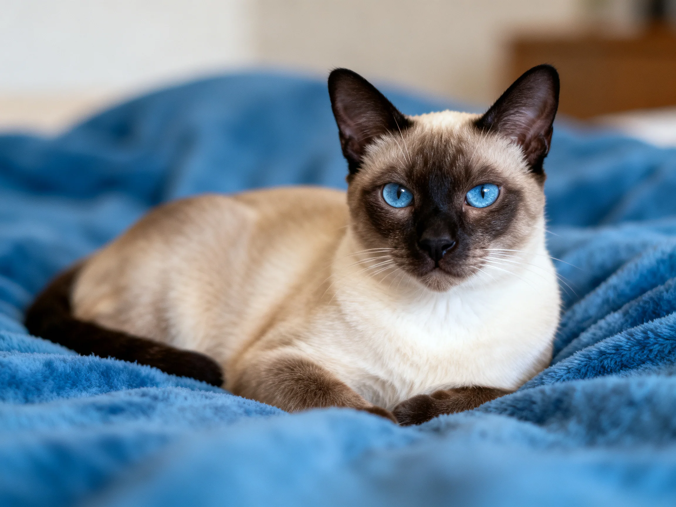 A Siamese cat with blue eyes relaxes on a soft blue blanket