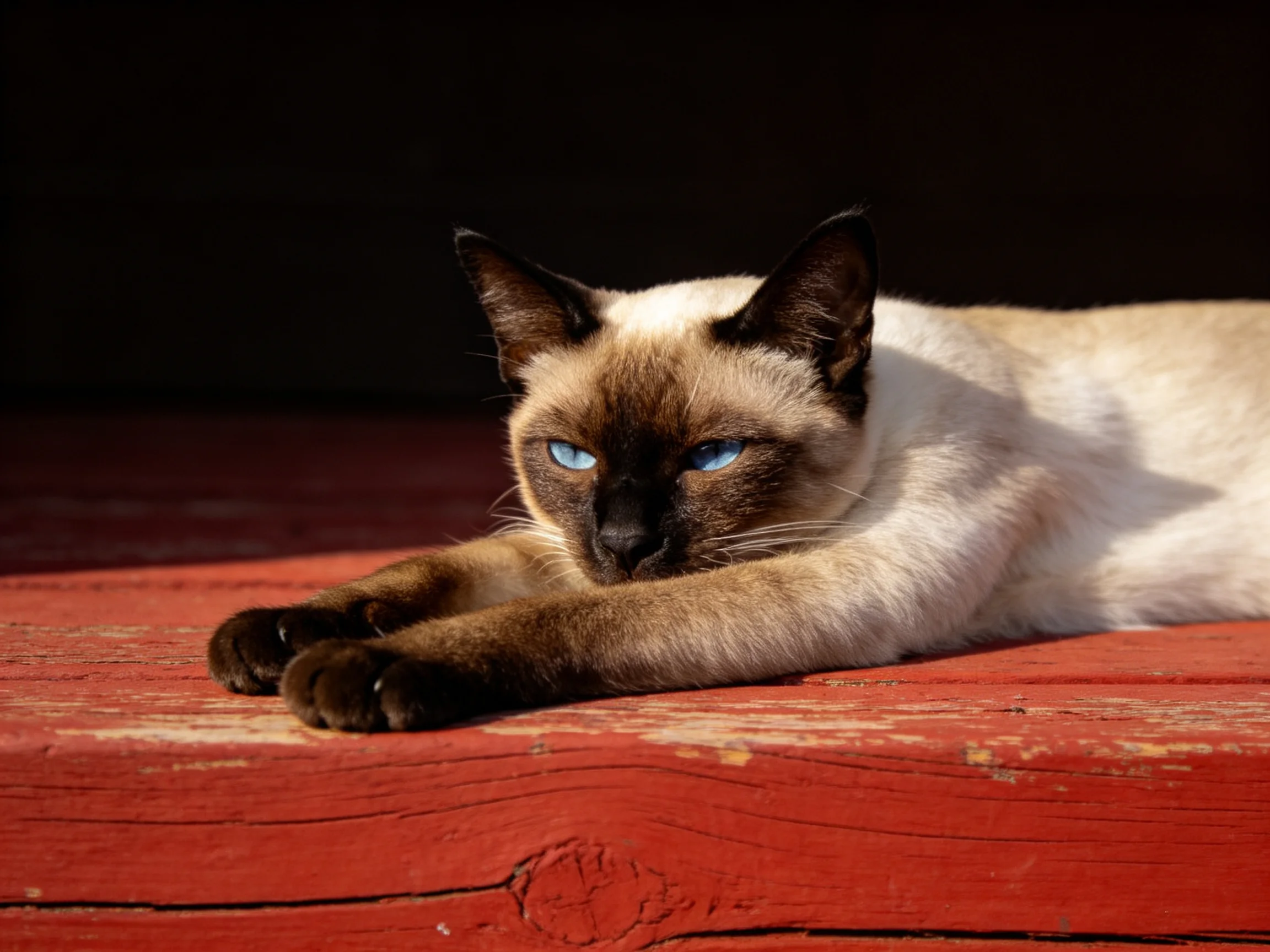A Siamese cat with blue eyes relaxes on a red wooden surface