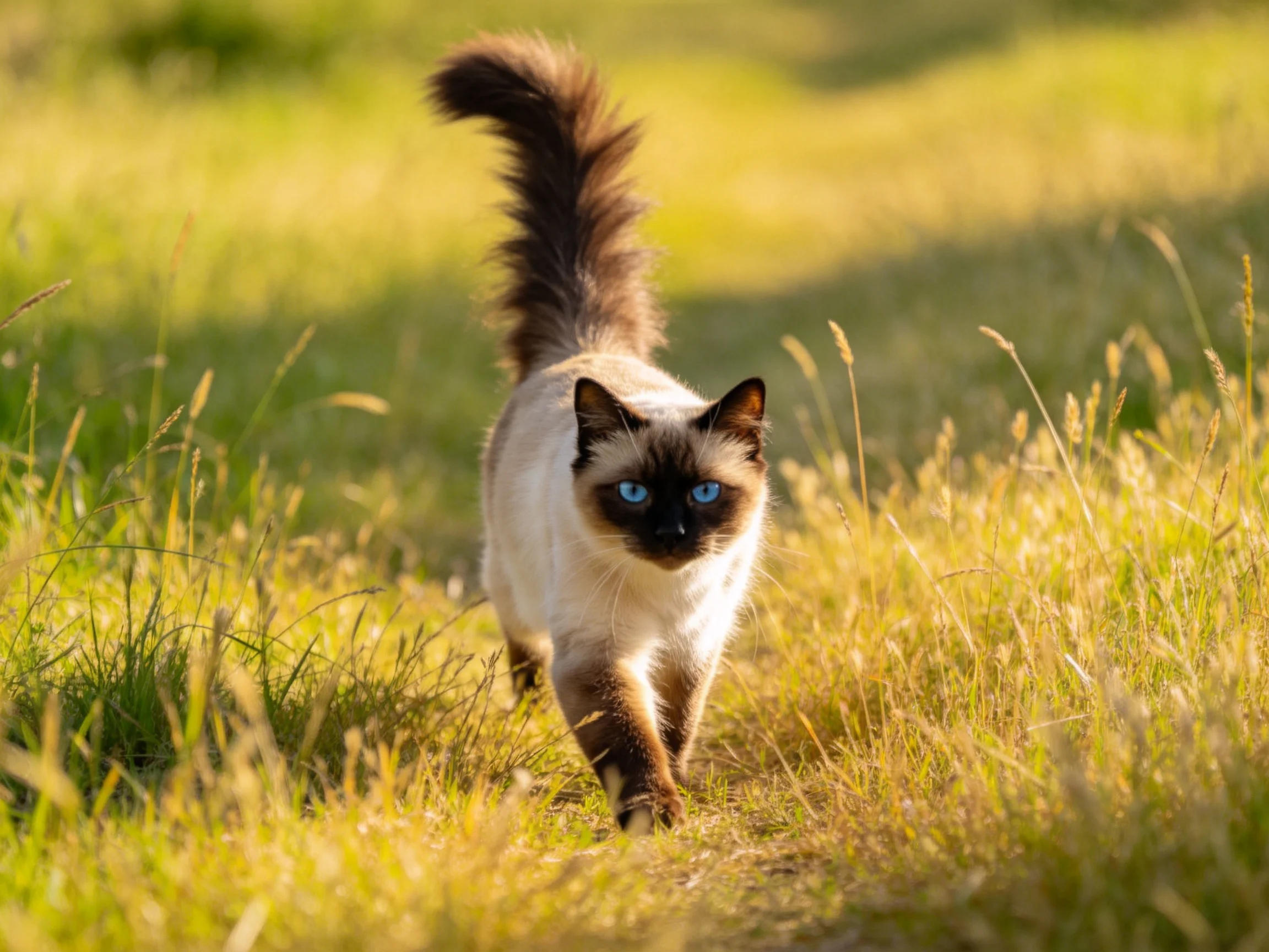 A Siamese cat with blue eyes moves through sunlit grass