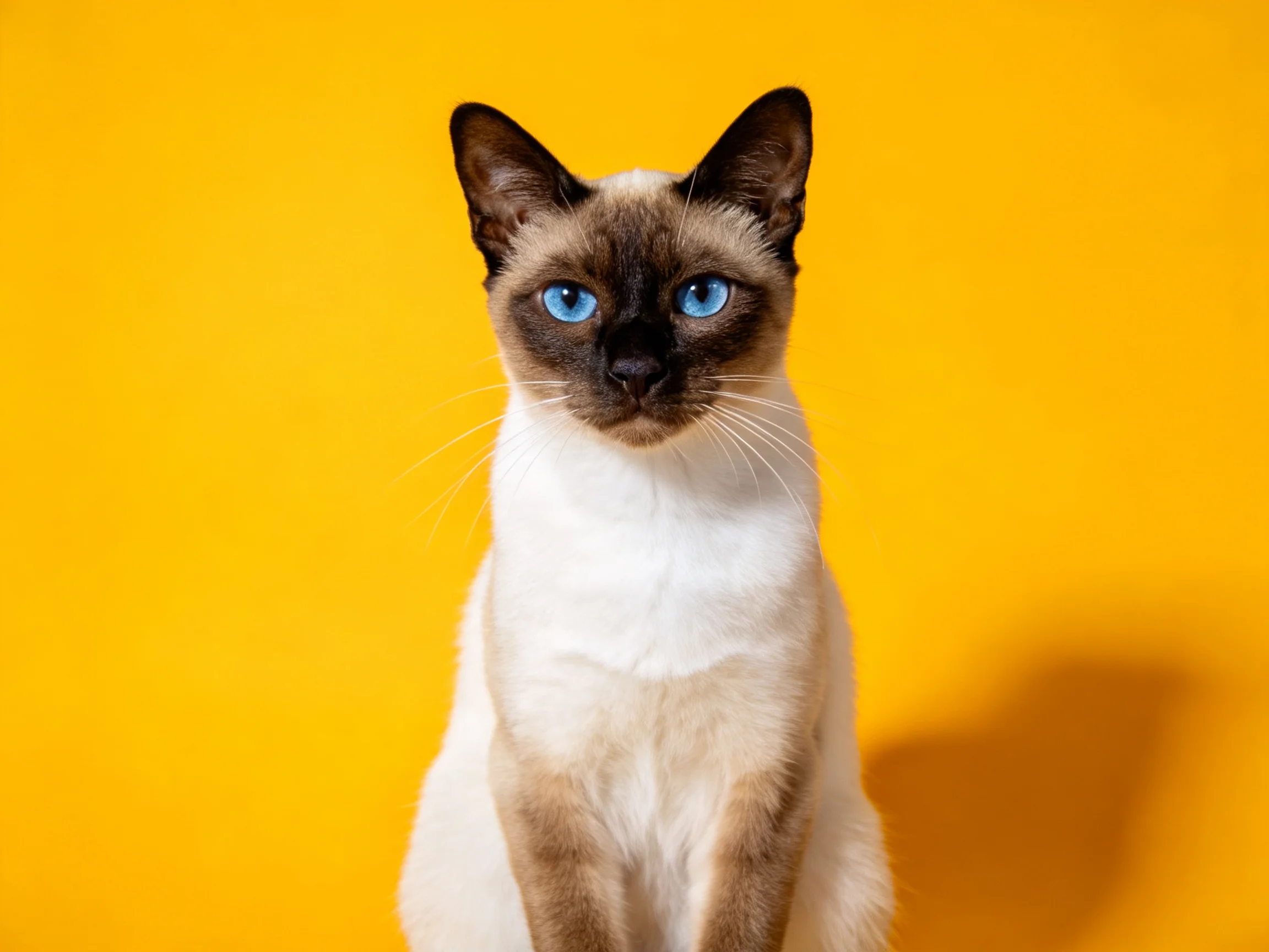 A Siamese cat with blue eyes poses against a bright yellow backdrop.