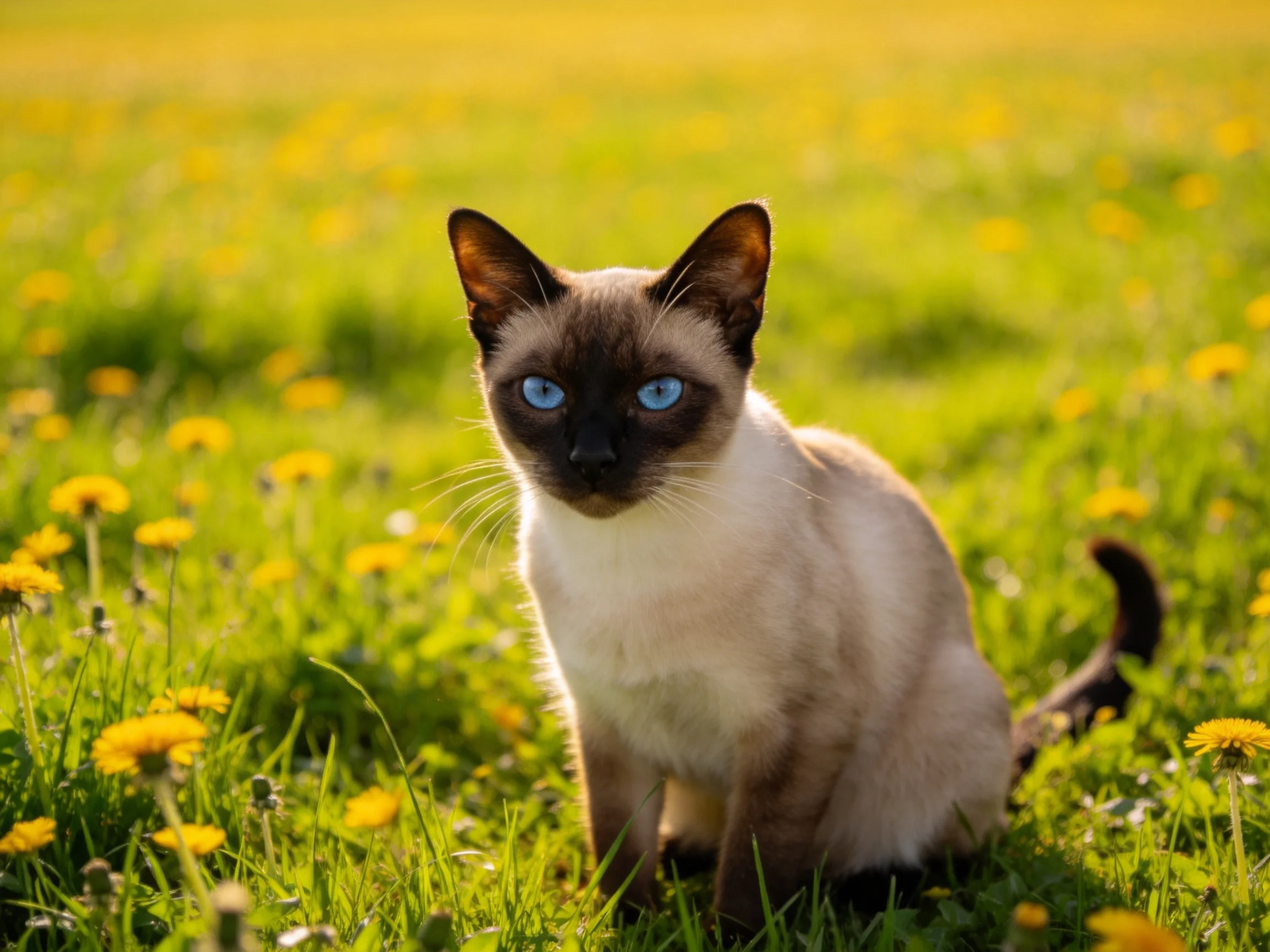 A Siamese cat with blue eyes relaxes in a sunlit meadow dotted with yellow flowers