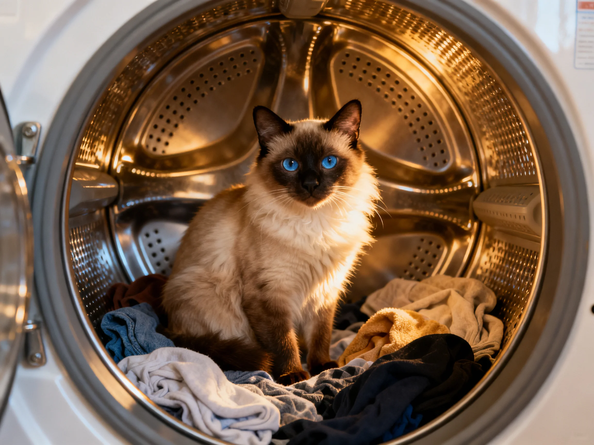 A Siamese cat with blue eyes rests amid laundry inside an open front-loading washer.