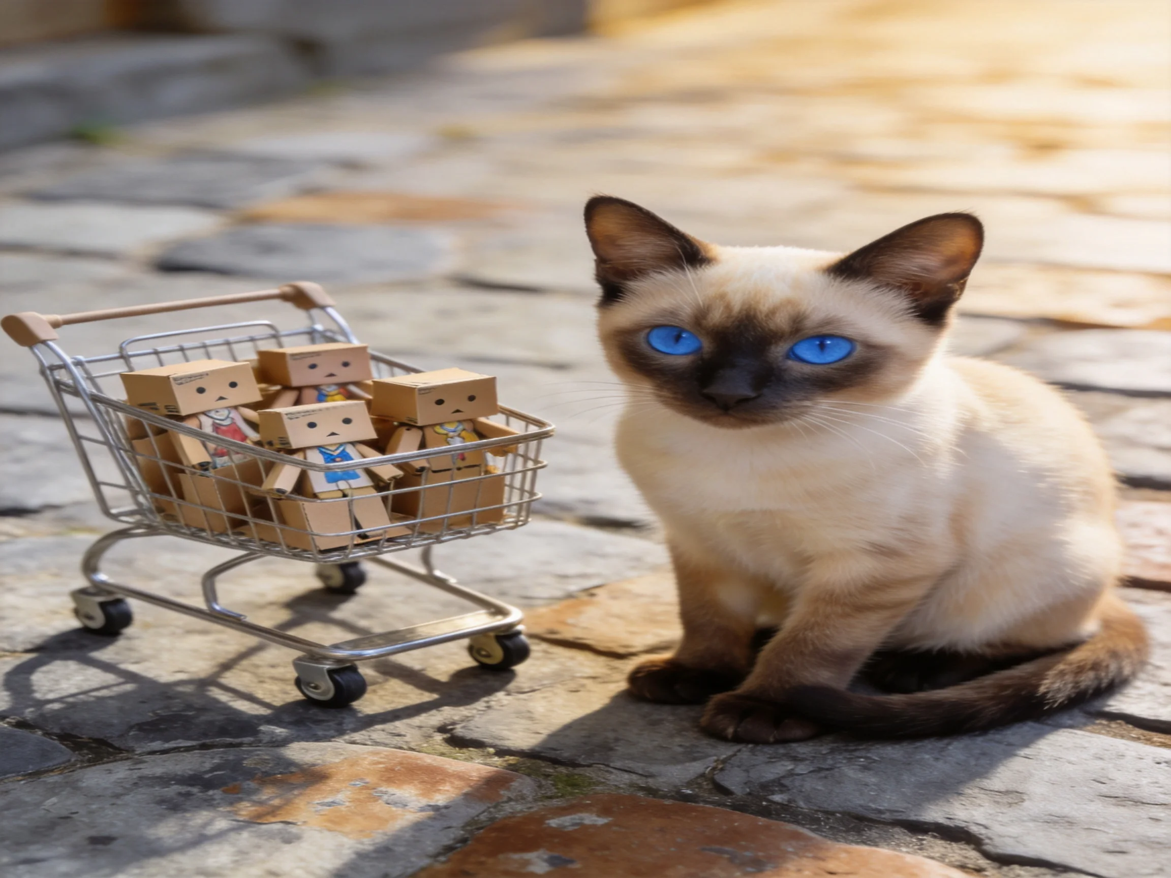 A Siamese cat sits next to a miniature shopping cart loaded with small cardboard dolls