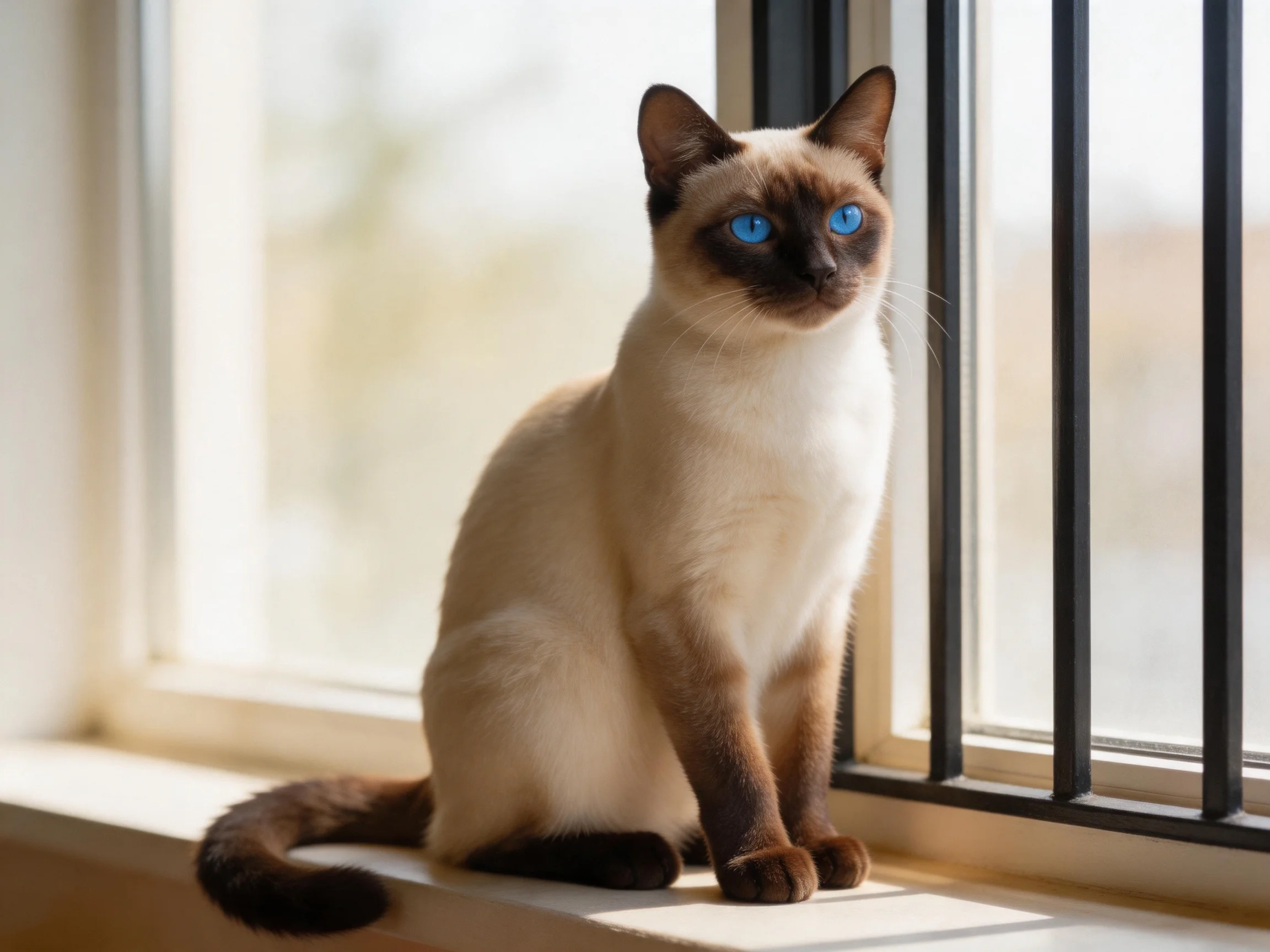 A Siamese cat with blue eyes sits near a sunlit window.
