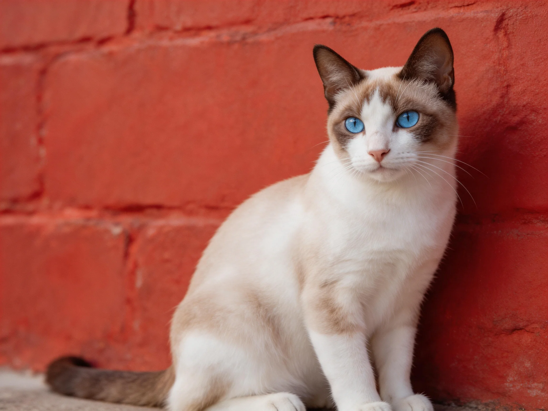 A Siamese cat with blue eyes rests beside a bright red brick wall.