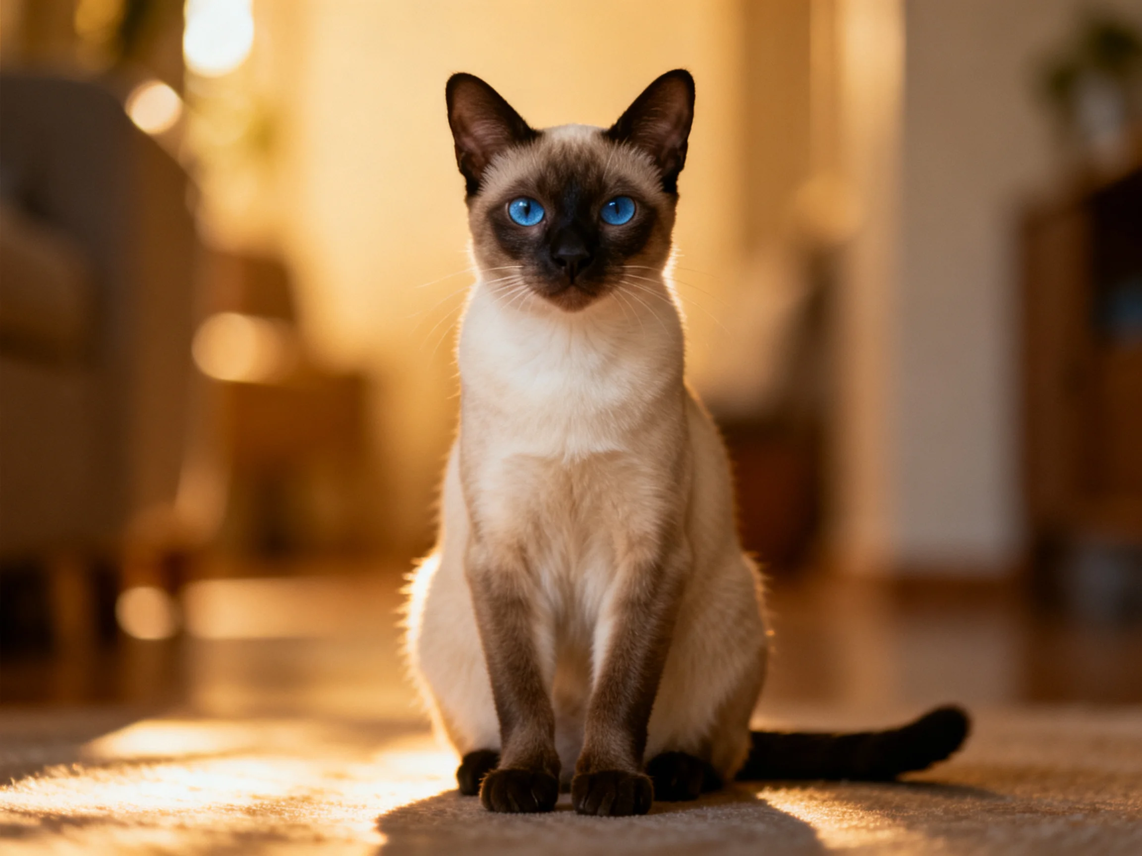 A Siamese cat with blue eyes sits calmly in a sunlit room