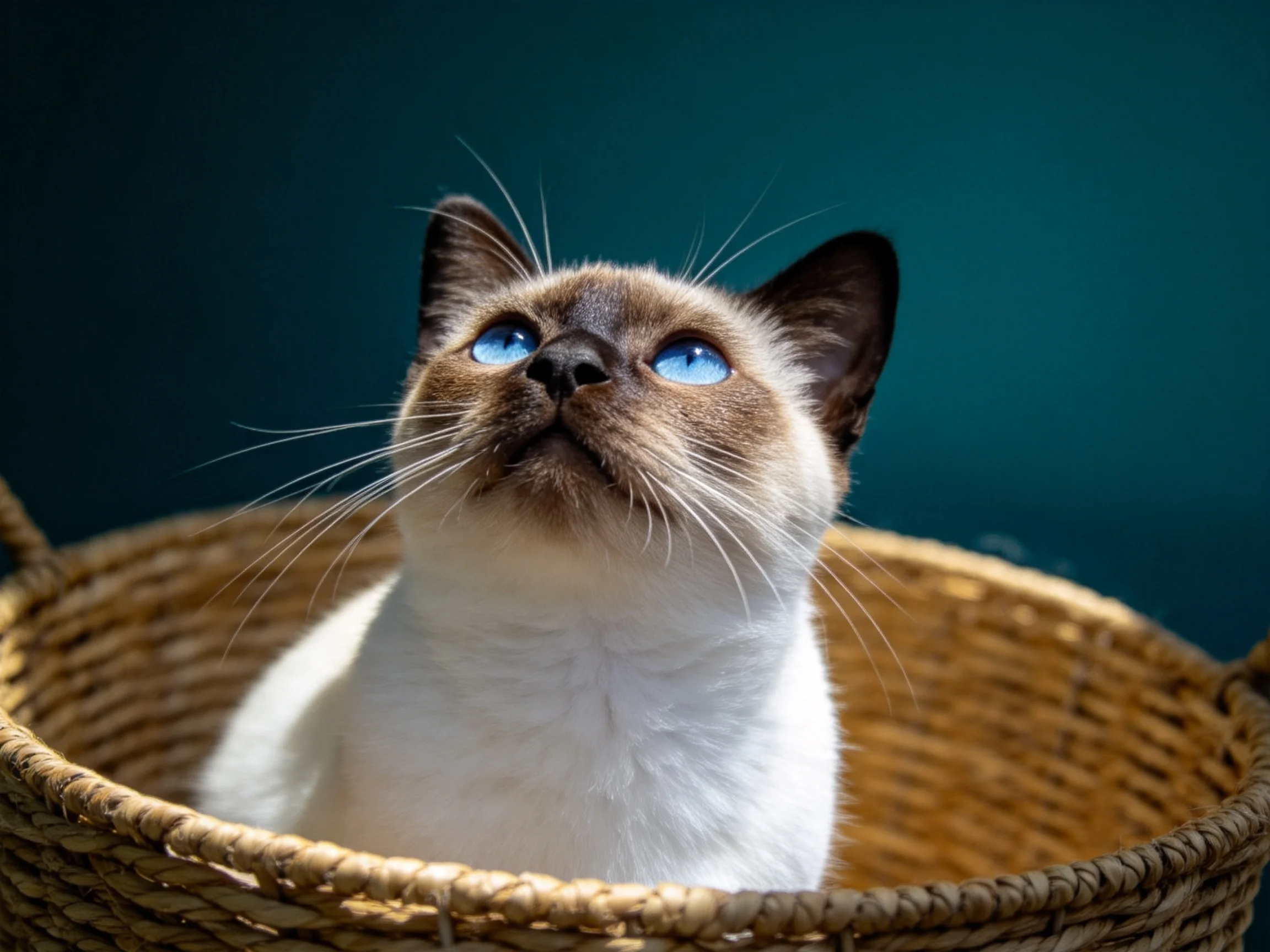 A Siamese cat with blue eyes sits in a wicker basket.