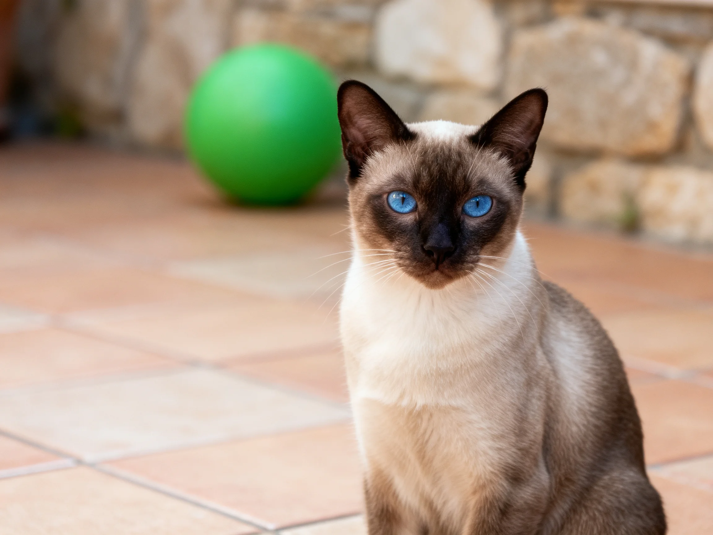 A Siamese cat with blue eyes sits near a green ball on a tiled outdoor area