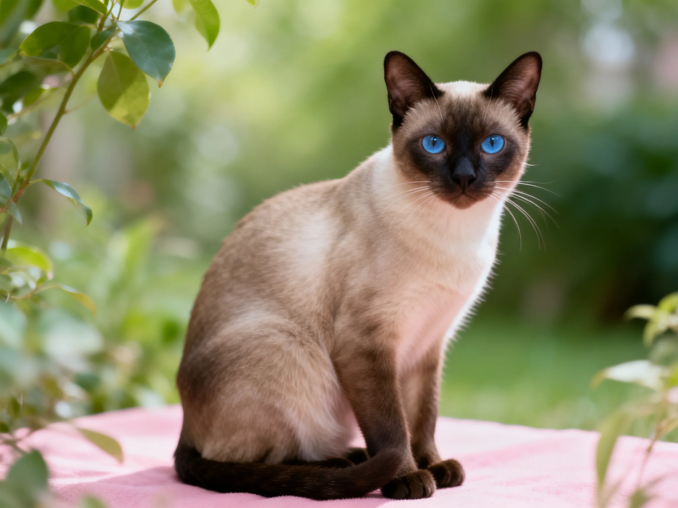 A Siamese cat with blue eyes sits on a pink surface in an outdoor setting.