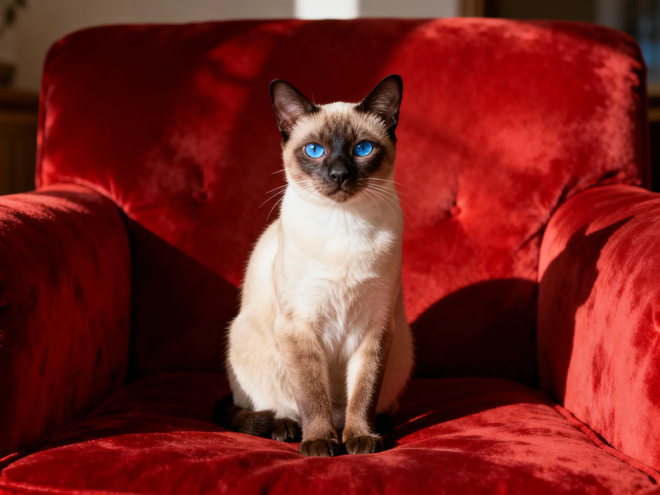 A Siamese cat with blue eyes sits on a plush red armchair