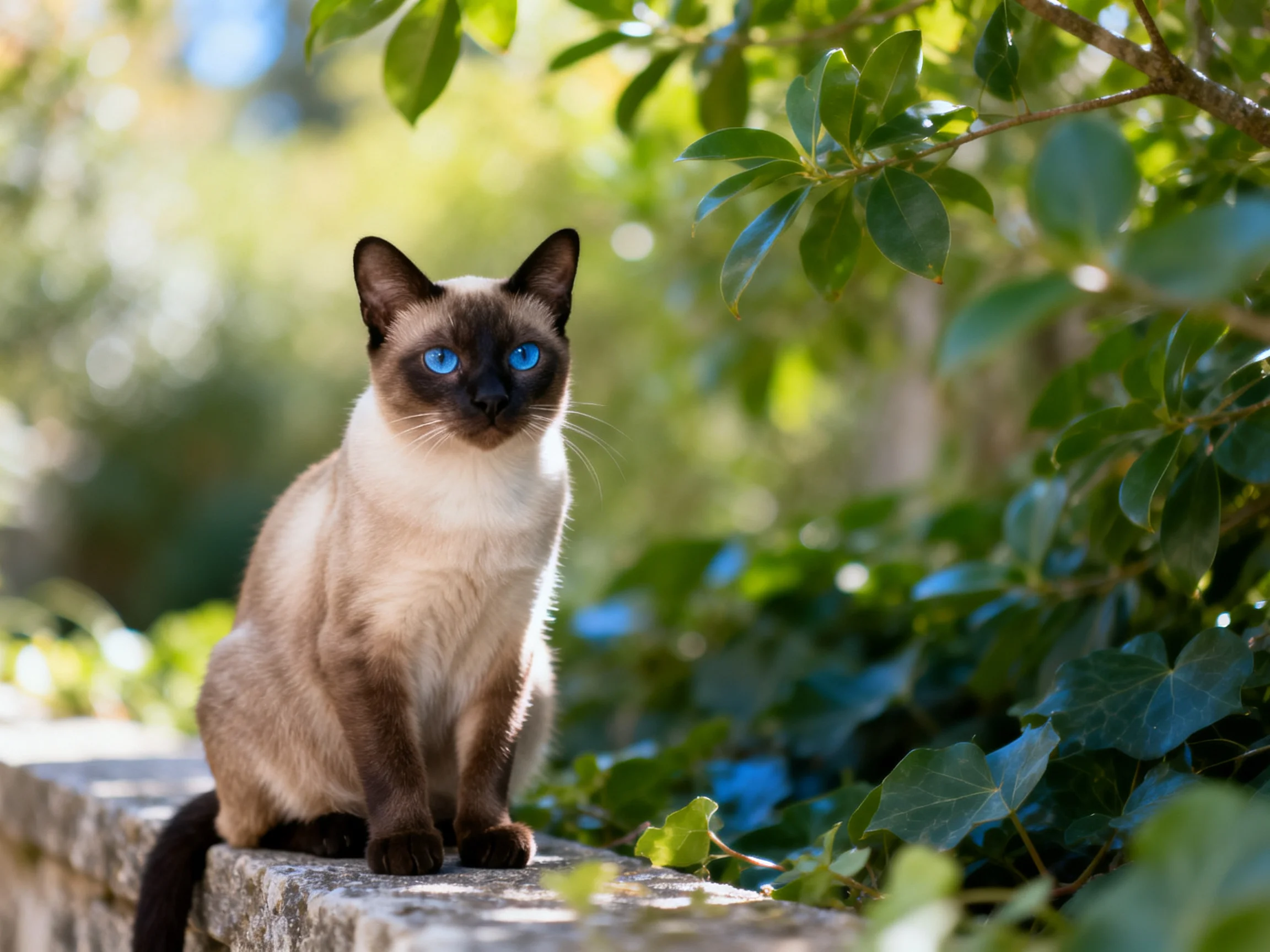 A Siamese cat with blue eyes sits on a stone ledge surrounded by greenery.