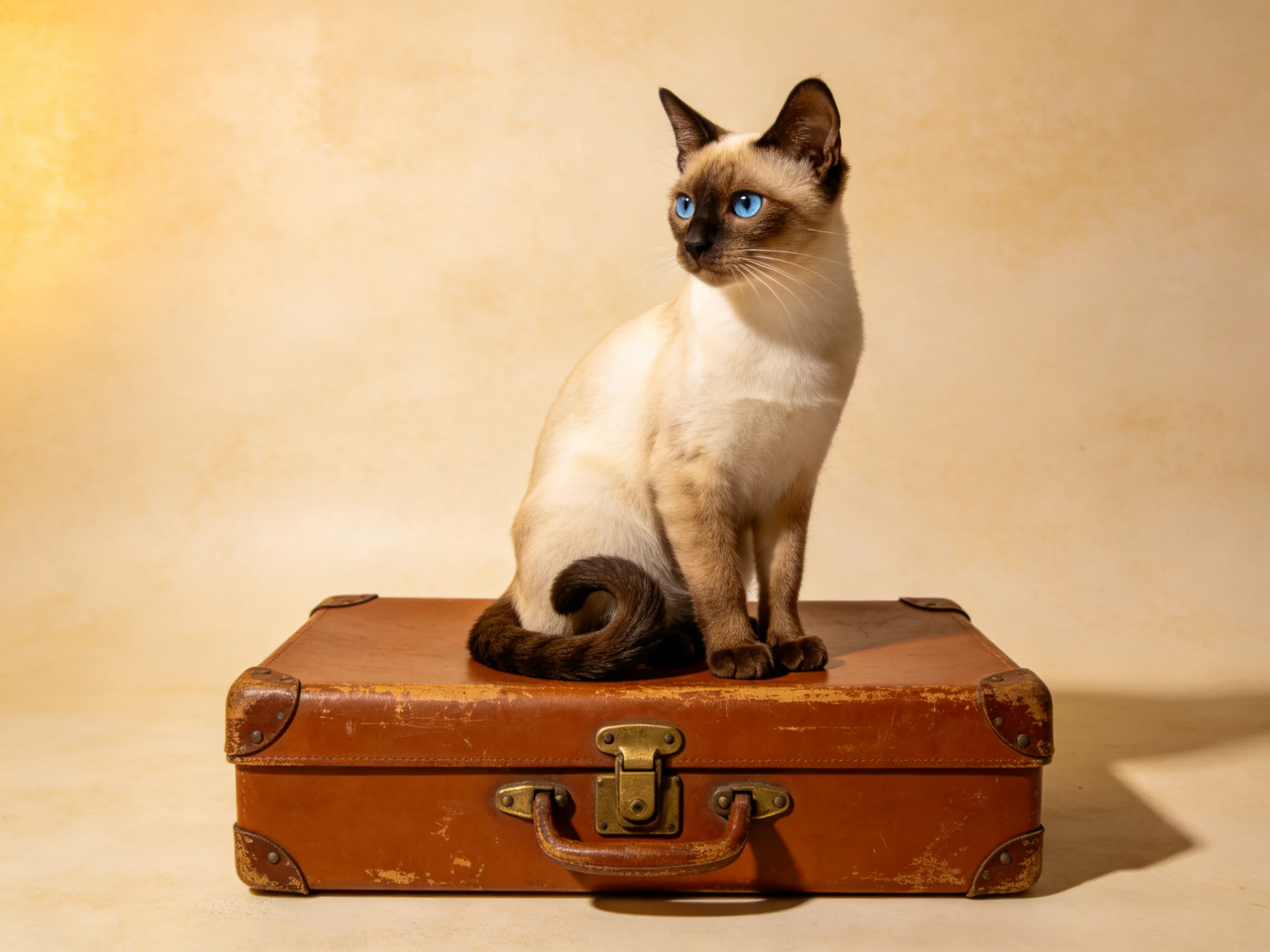 A Siamese cat with blue eyes sits on a vintage brown suitcase.