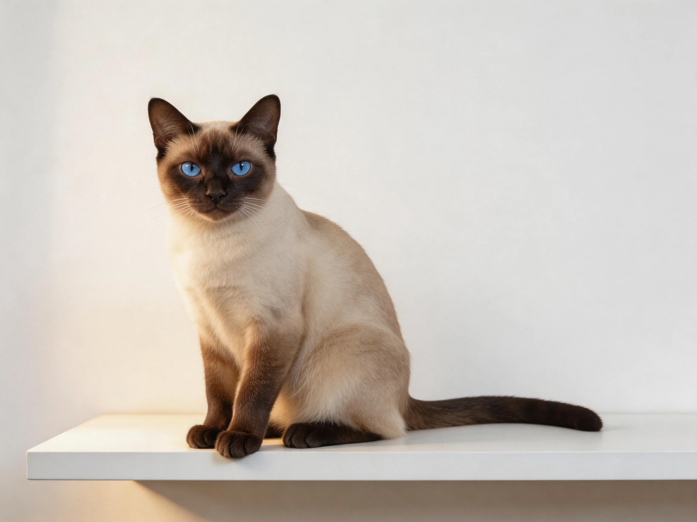 A Siamese cat with blue eyes sits calmly on a white shelf.
