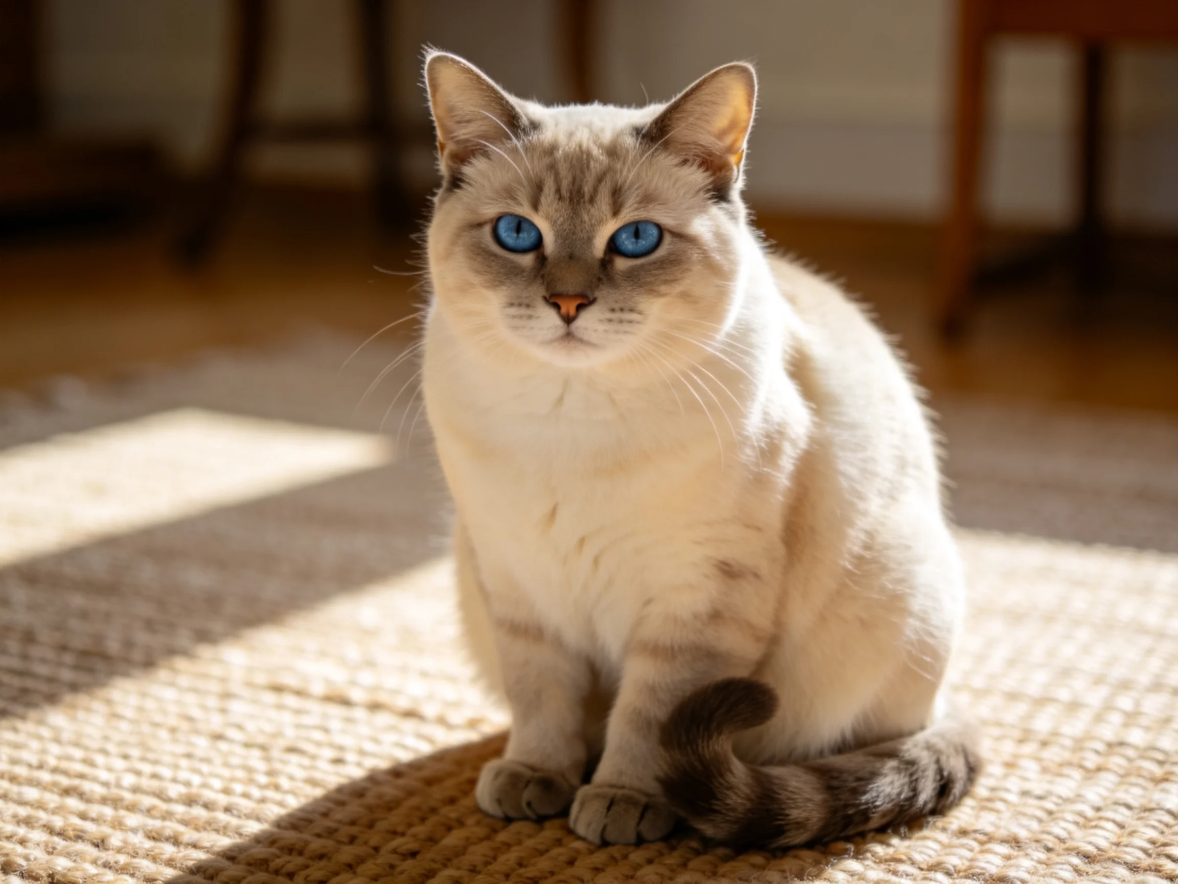 A Siamese cat with blue eyes sits on a rug in a sunlit room