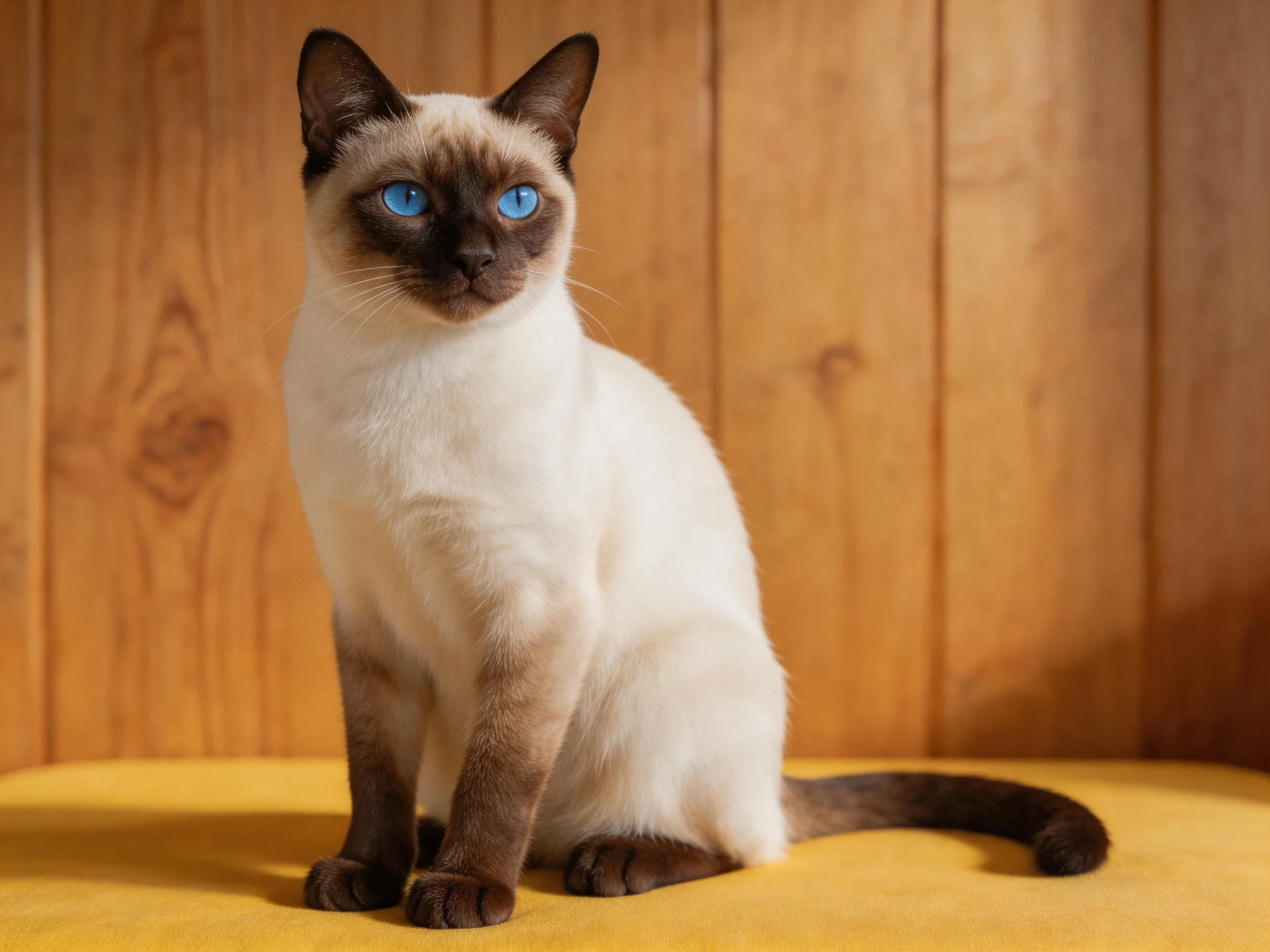 A Siamese cat with blue eyes sits on a yellow cushion beside wooden paneling.