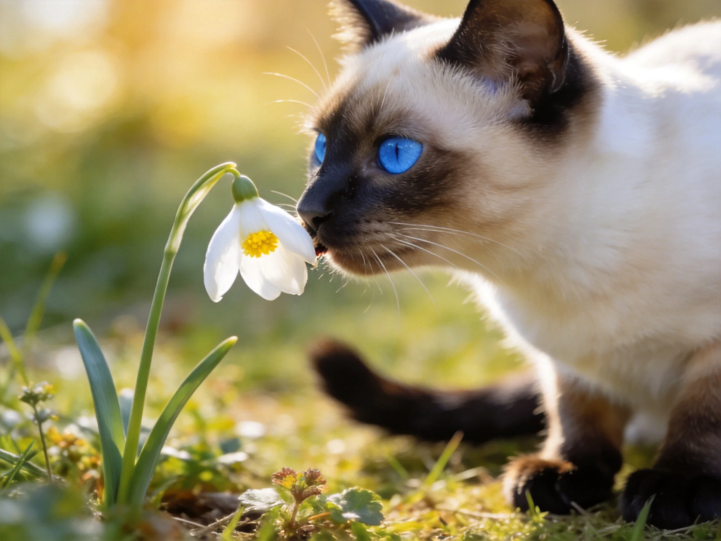 A Siamese cat with blue eyes sniffs a white flower in a sunlit meadow