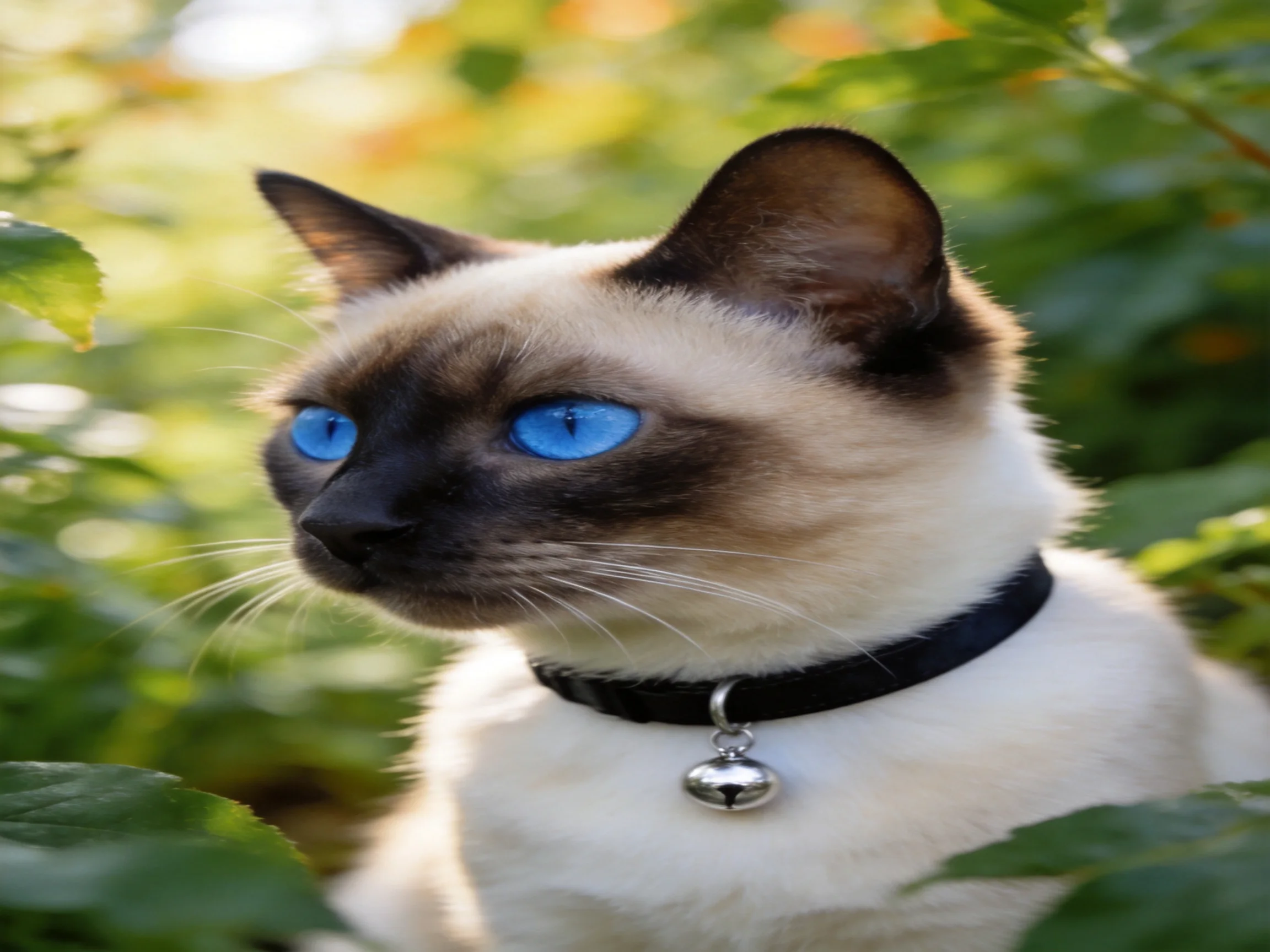 A Siamese cat with bright blue eyes among lush greenery
