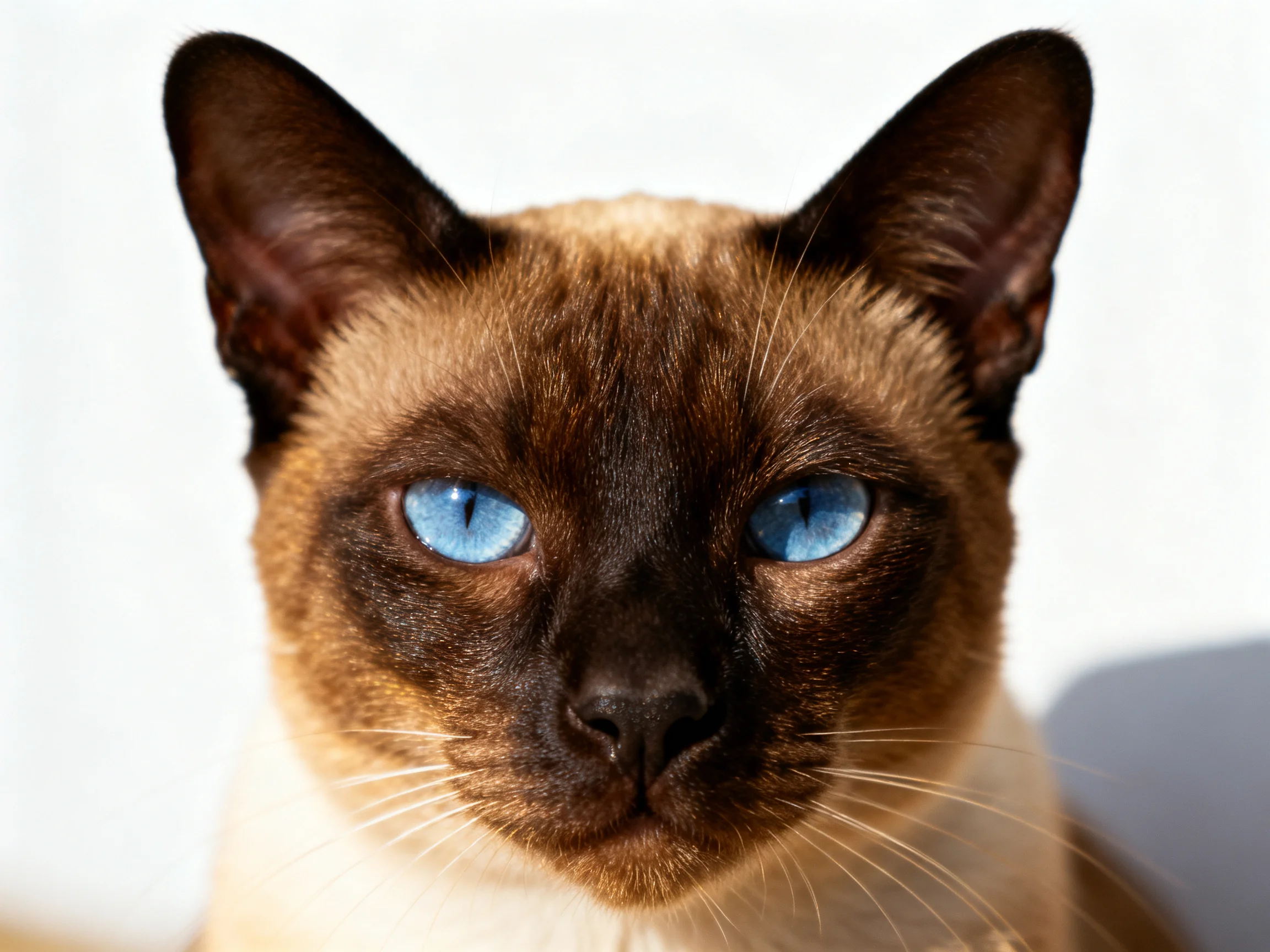 A Siamese cat with bright blue eyes is photographed against a white background.
