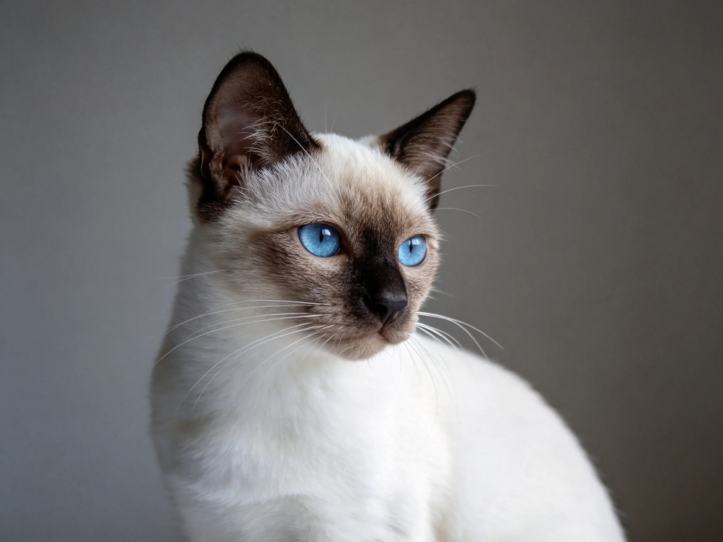 A cat with bright blue eyes and cream-and-brown fur stands against a neutral backdrop.