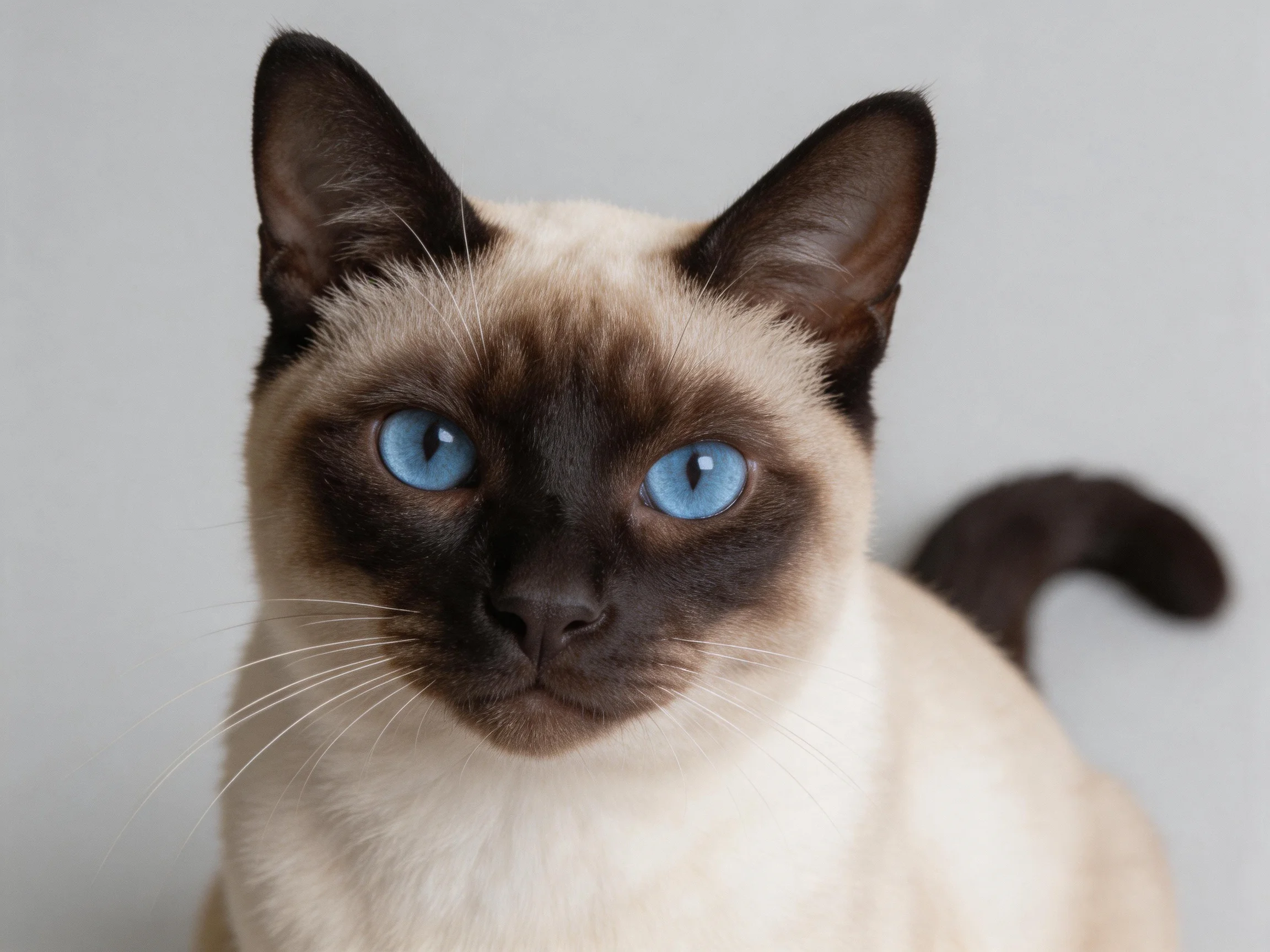 A Siamese cat with bright blue eyes and dark brown markings looks directly at the viewer.