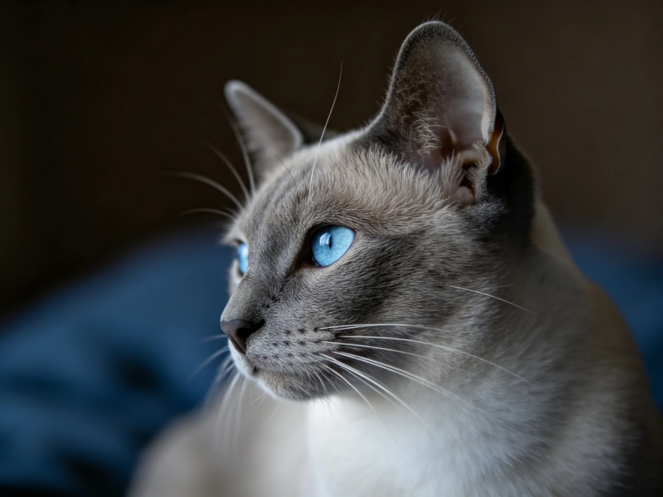 A Siamese cat with blue eyes gazes attentively