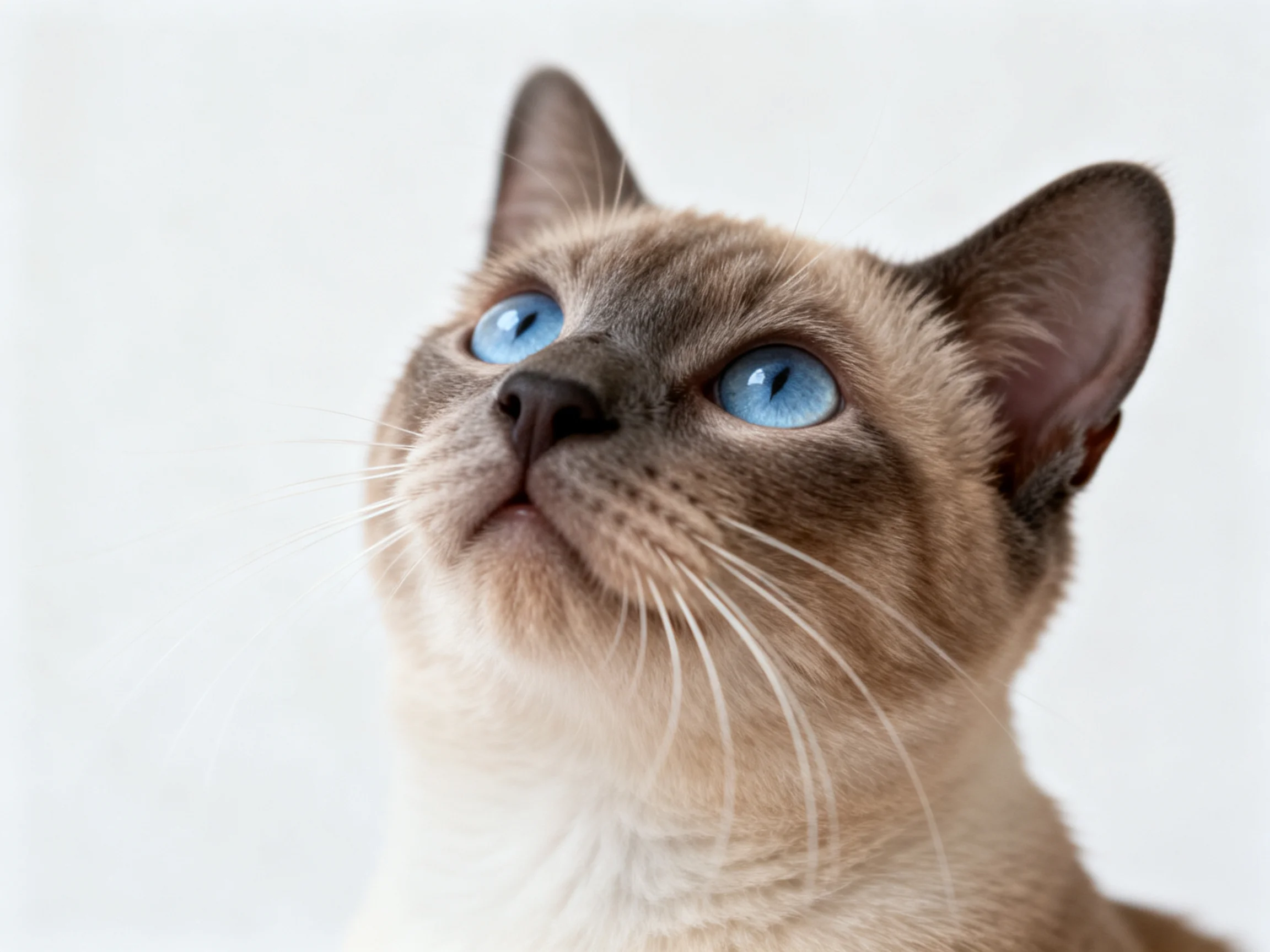 A Siamese cat with bright blue eyes looks upward in a minimalistic setting.