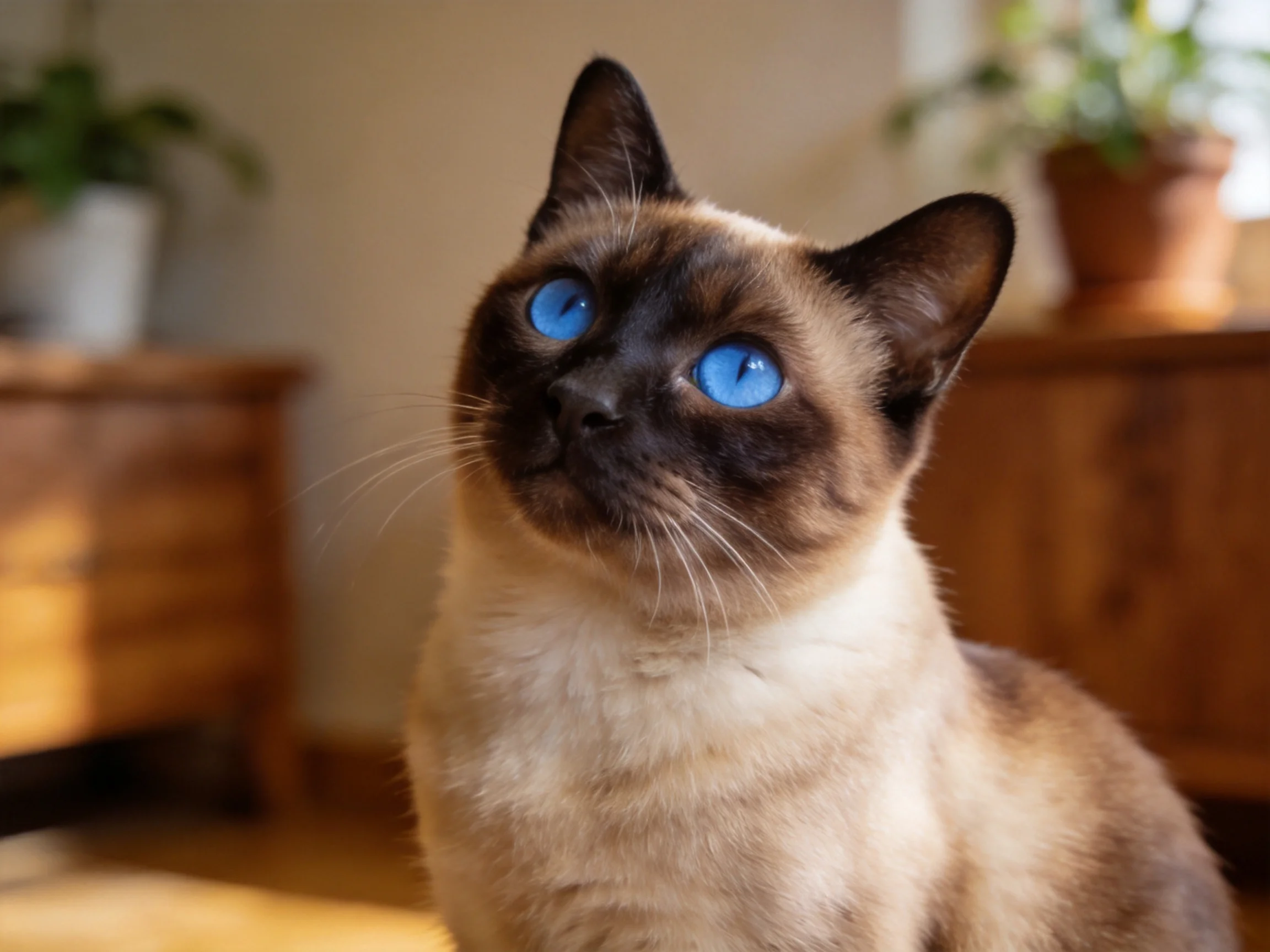 A Siamese cat with bright blue eyes gazes upward in a sunlit room.