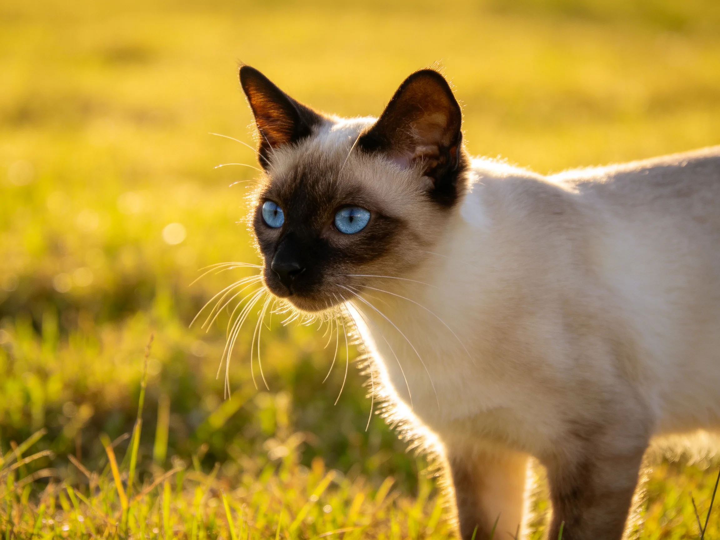 A Siamese cat with blue eyes explores a sunlit grassy field.