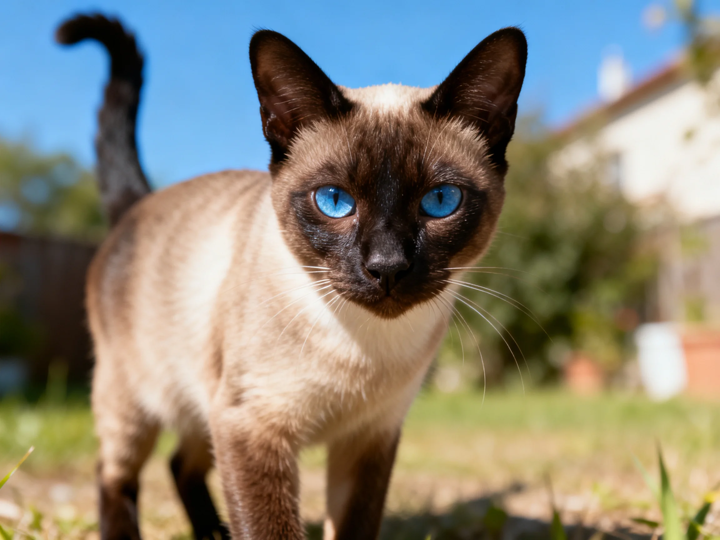 A Siamese cat with blue eyes stands alertly in a sunny garden.