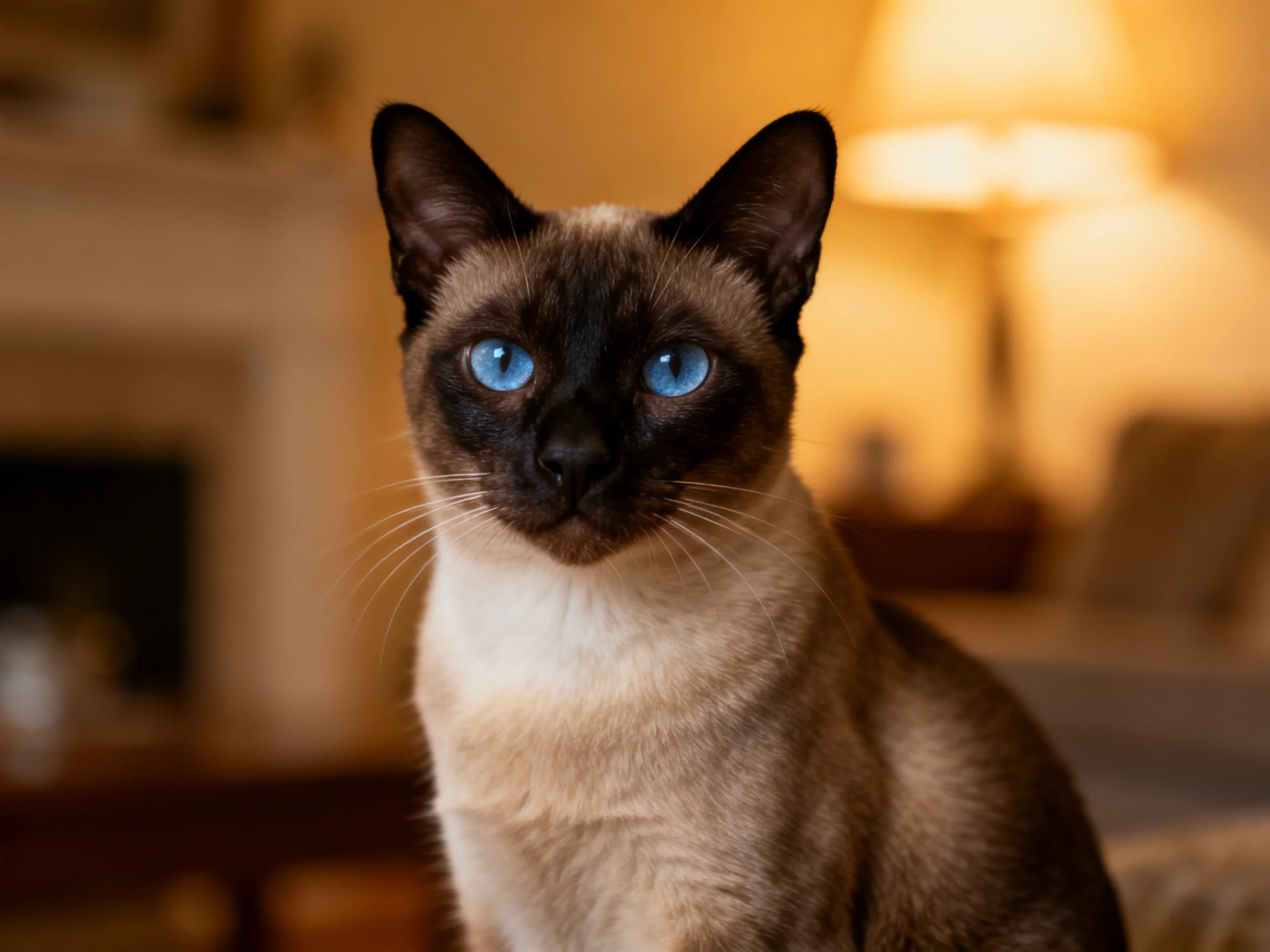 A Siamese cat with blue eyes sits in a warmly lit living room.