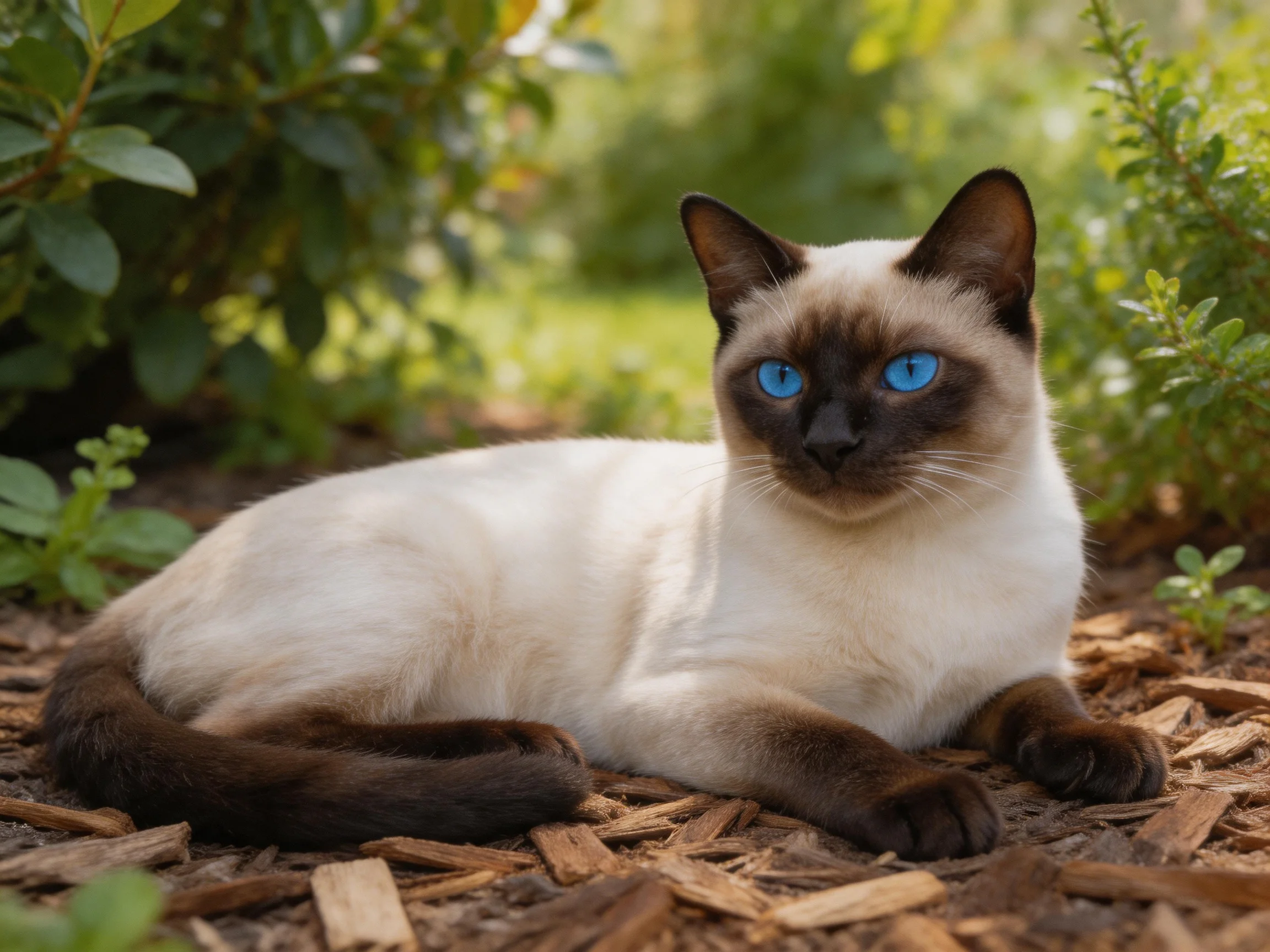 A Siamese cat with blue eyes rests on wood chips amid greenery
