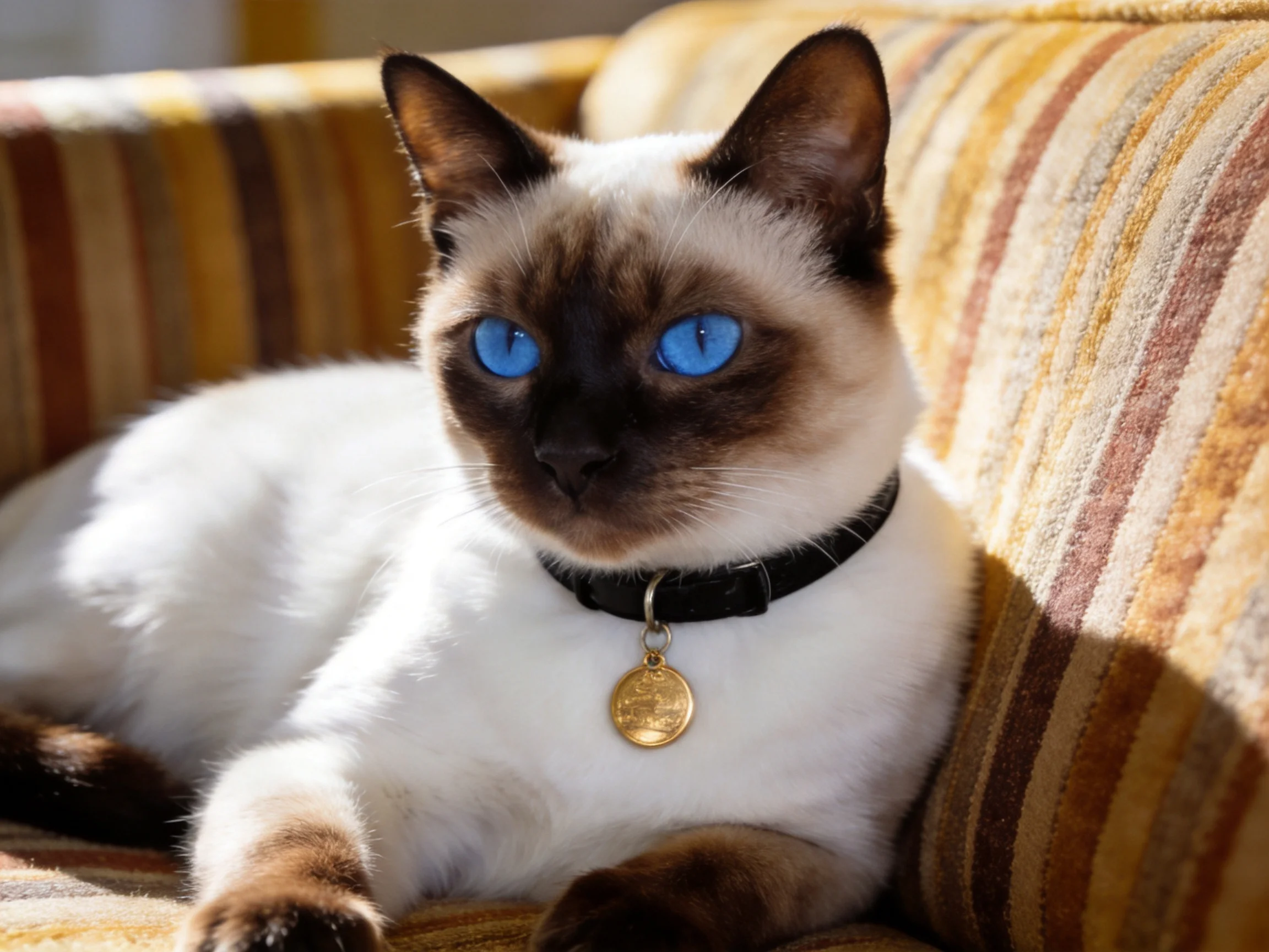 A Siamese cat with blue eyes relaxes on a striped couch.