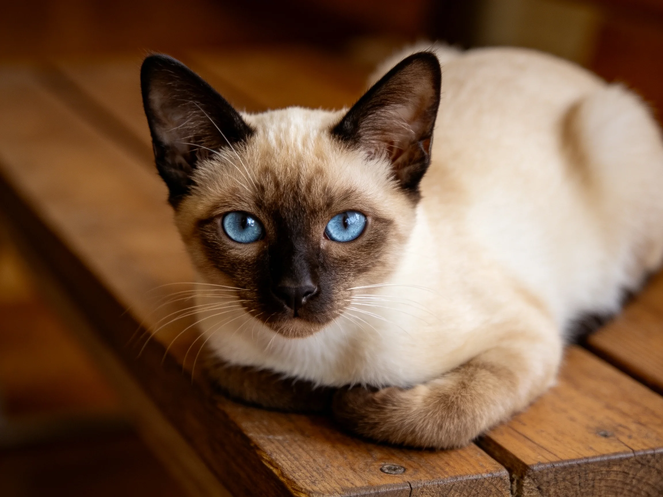 A Siamese cat with blue eyes relaxes on a wooden bench