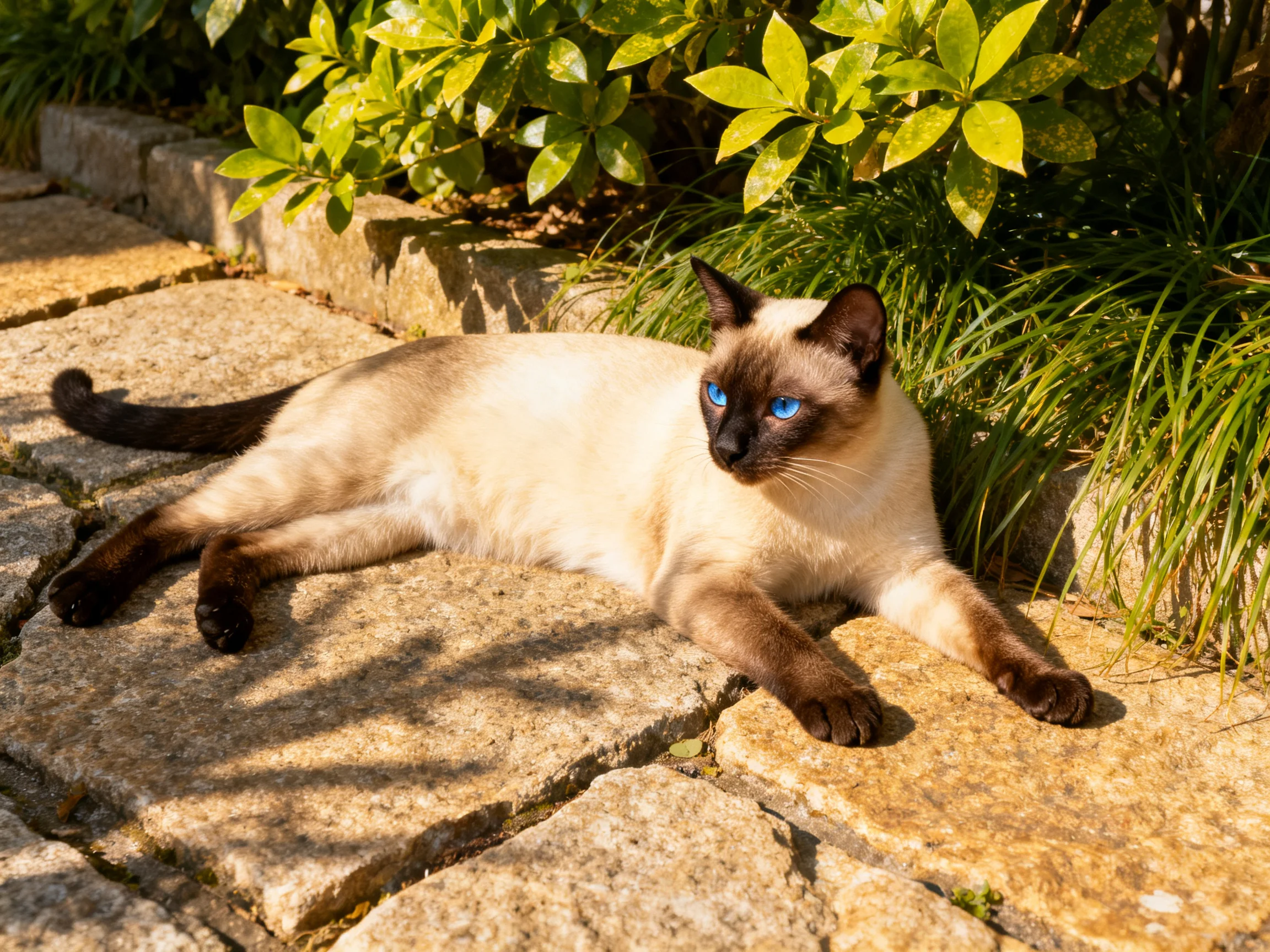 A Siamese cat with blue eyes relaxes on stone pavement near greenery.
