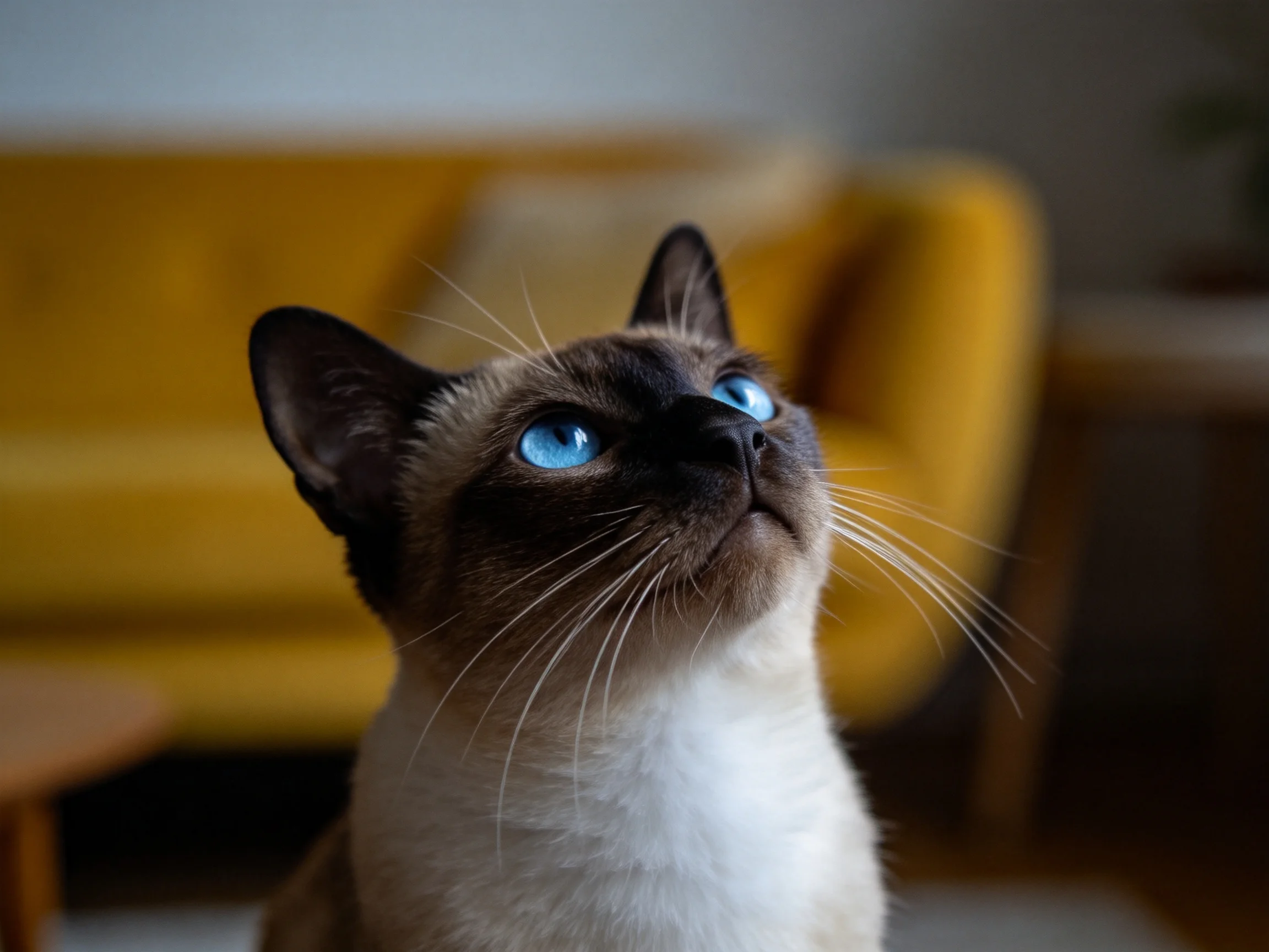 A Siamese cat with striking blue eyes gazes upward beside a yellow sofa.