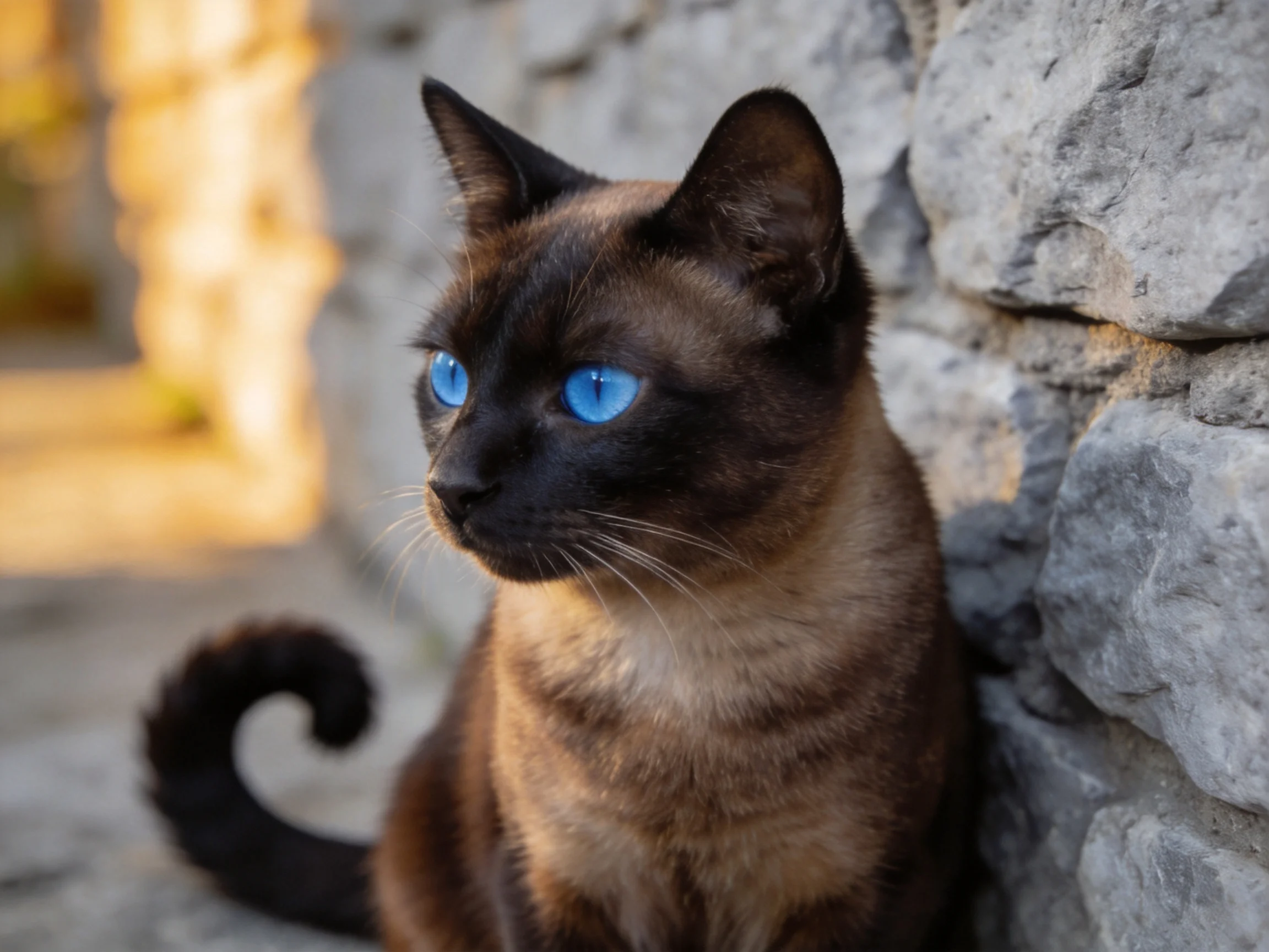 A Siamese cat with blue eyes sits by a stone wall.