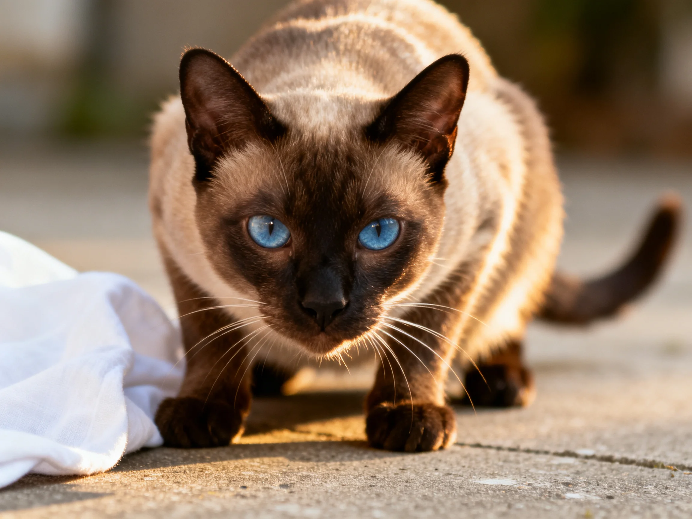 A Siamese cat with bright blue eyes investigates near white cloth on pavement