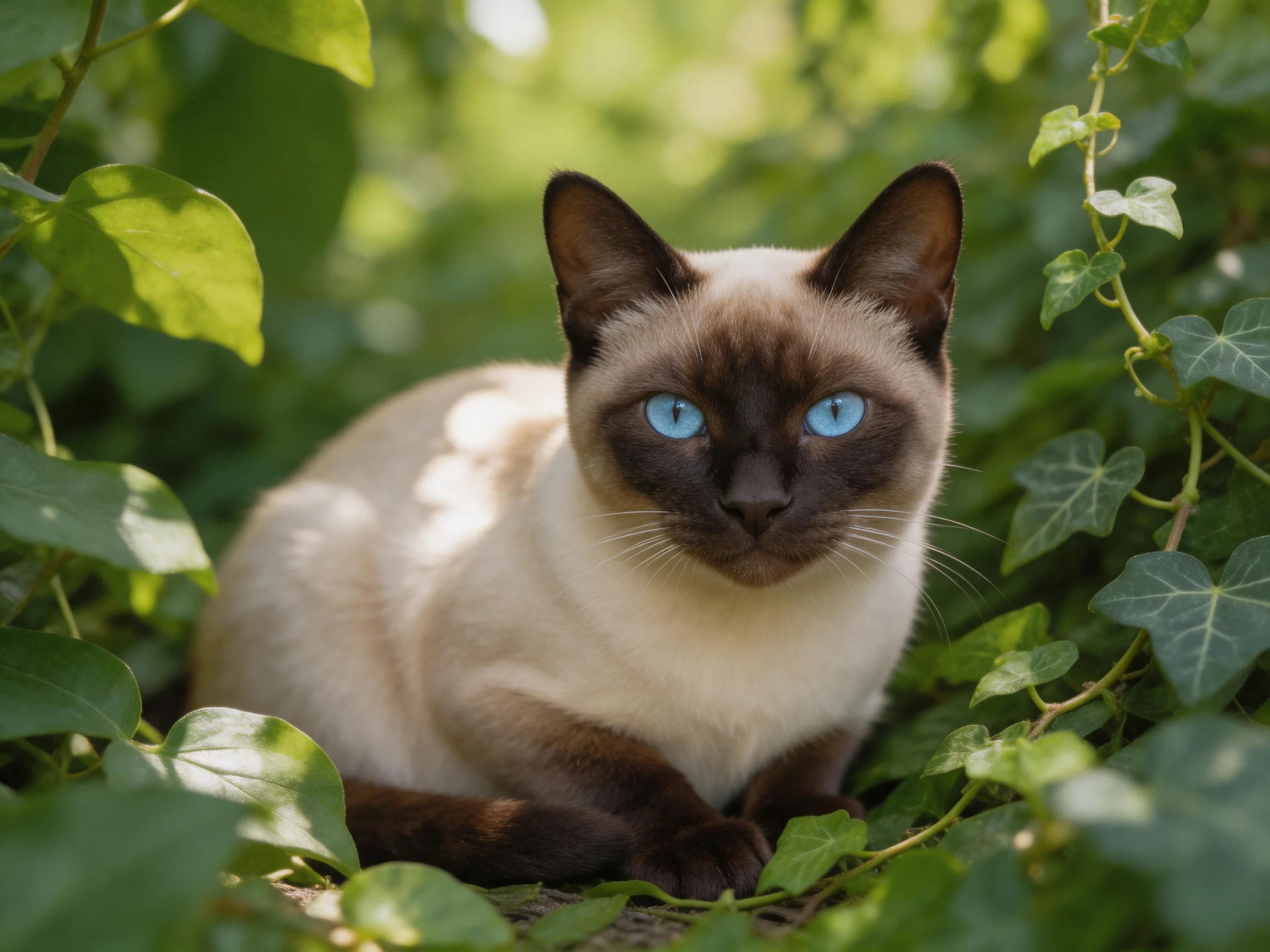 A Siamese cat with blue eyes rests among abundant green plants.